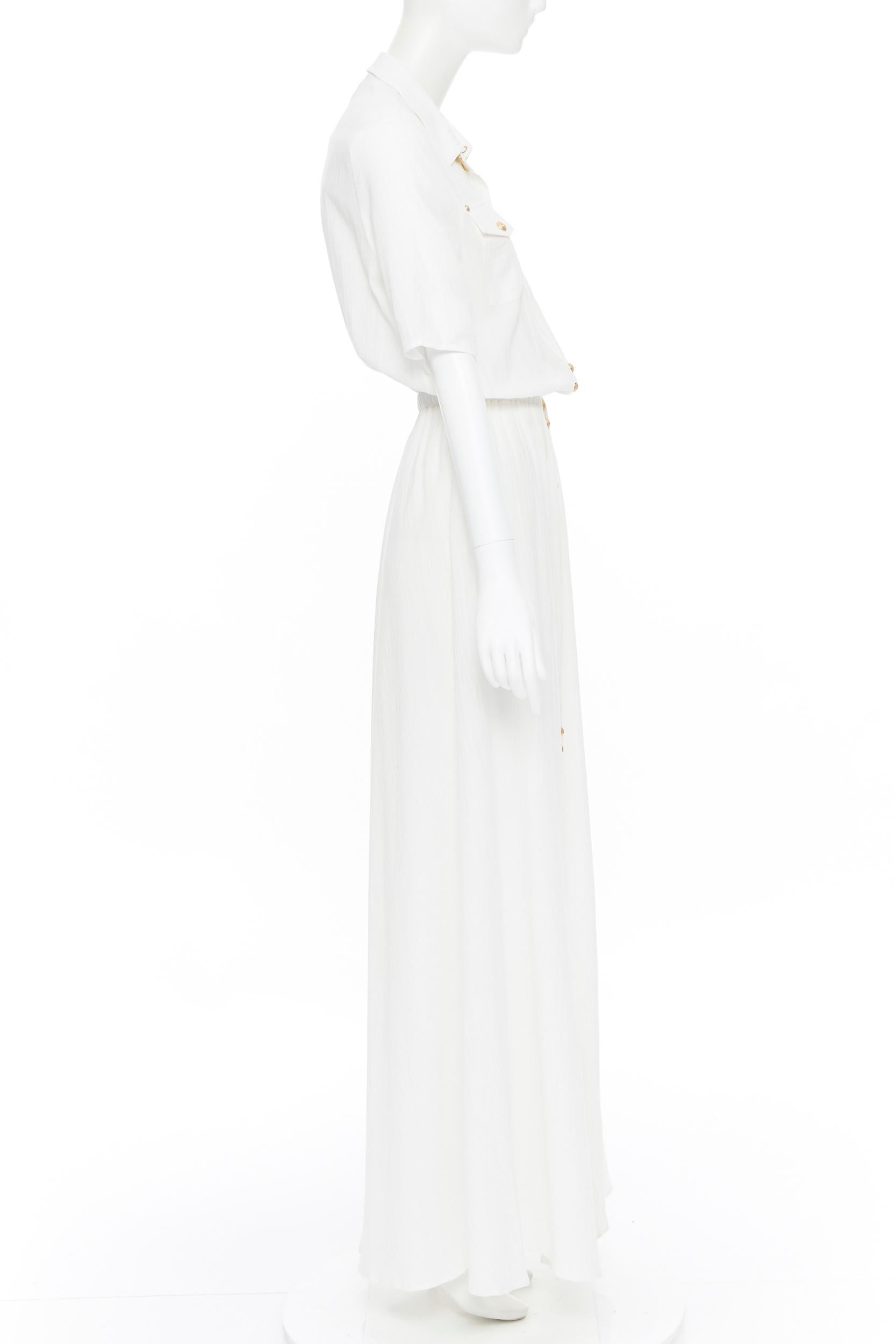 Women's new BALMAIN white fine cotton gold military button cinched waist maxi dress FR34