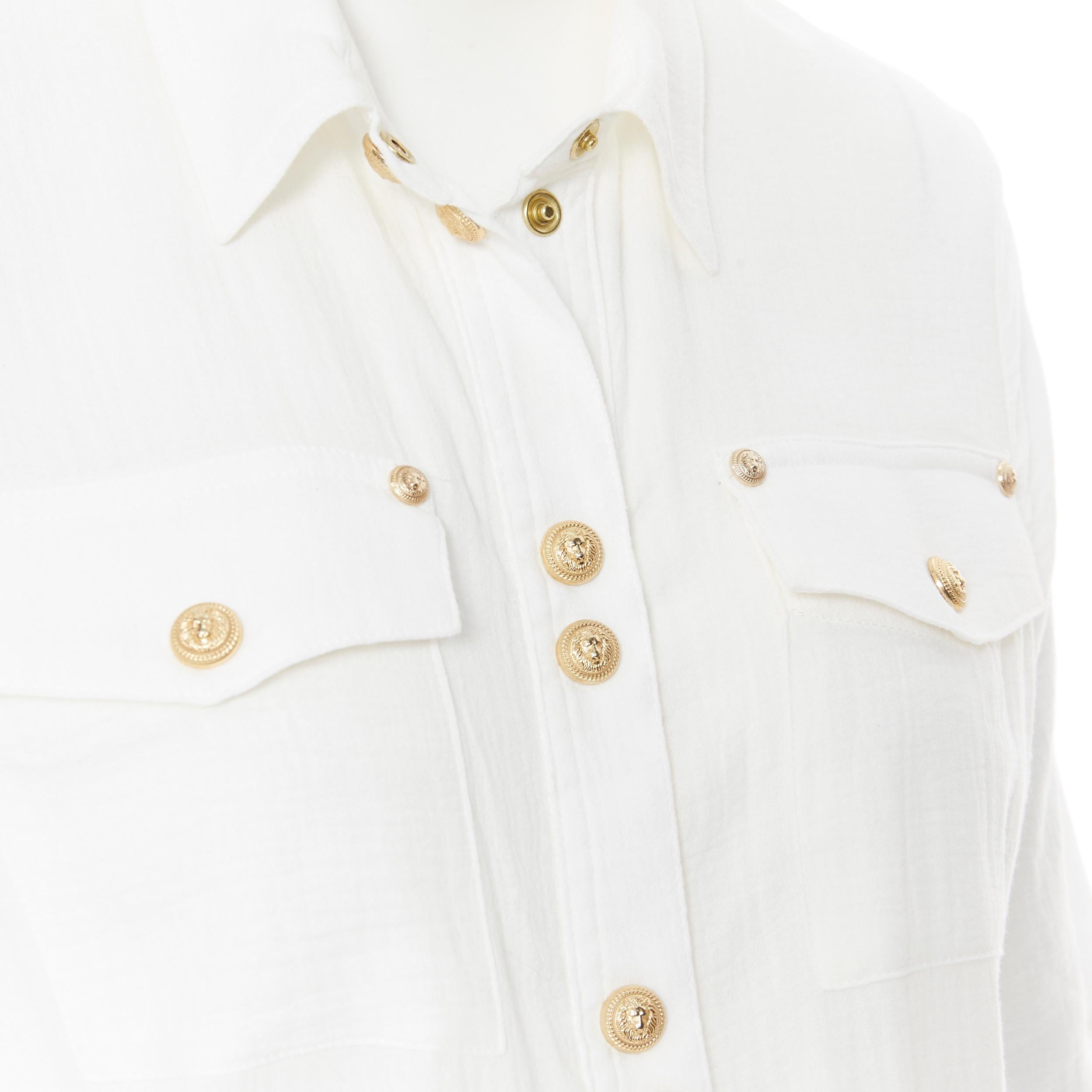 new BALMAIN white fine cotton gold military button cinched waist maxi dress FR34 3