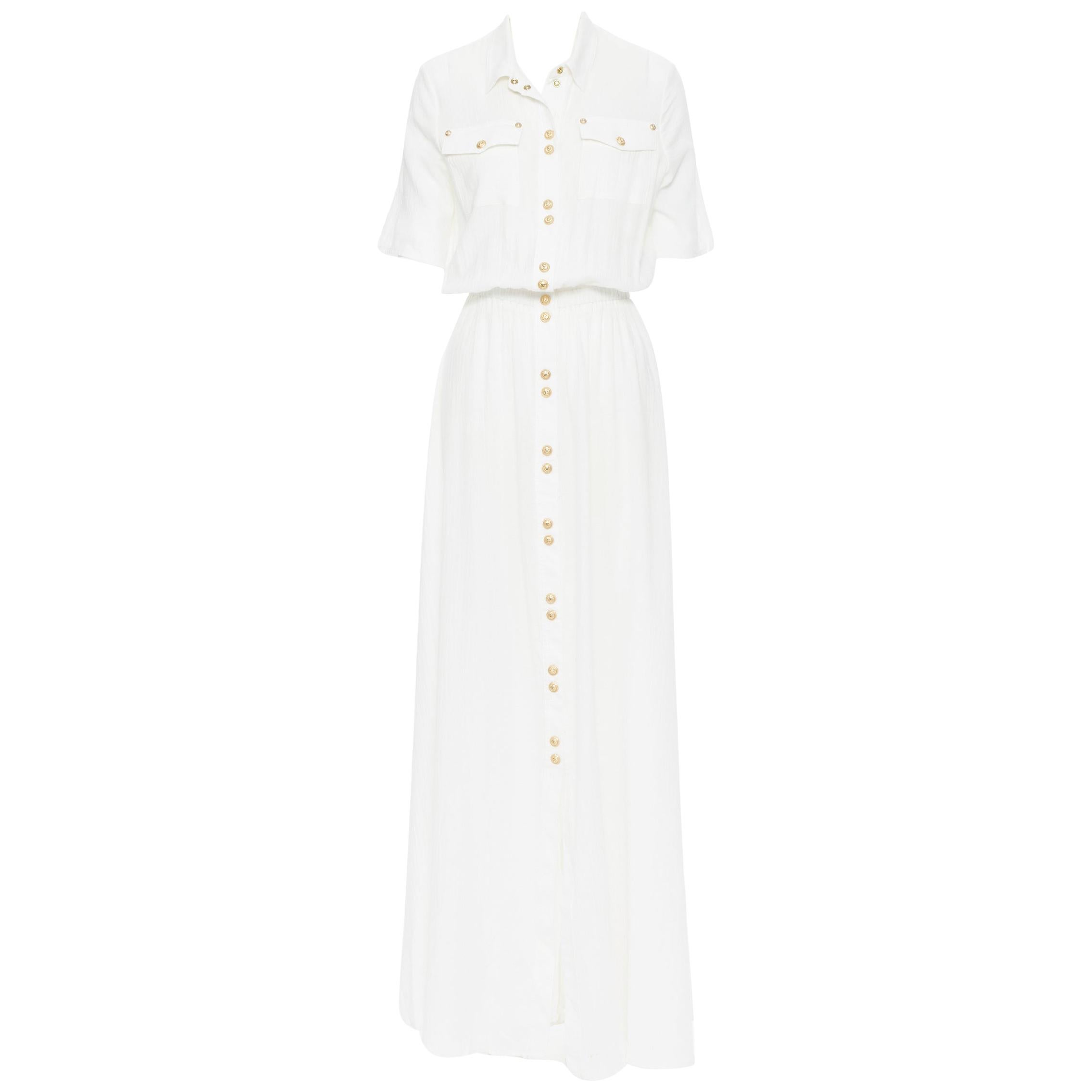 new BALMAIN white fine cotton gold military button cinched waist maxi dress FR34