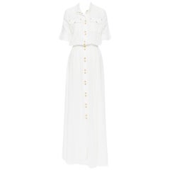 new BALMAIN white fine cotton gold military button cinched waist maxi dress FR34