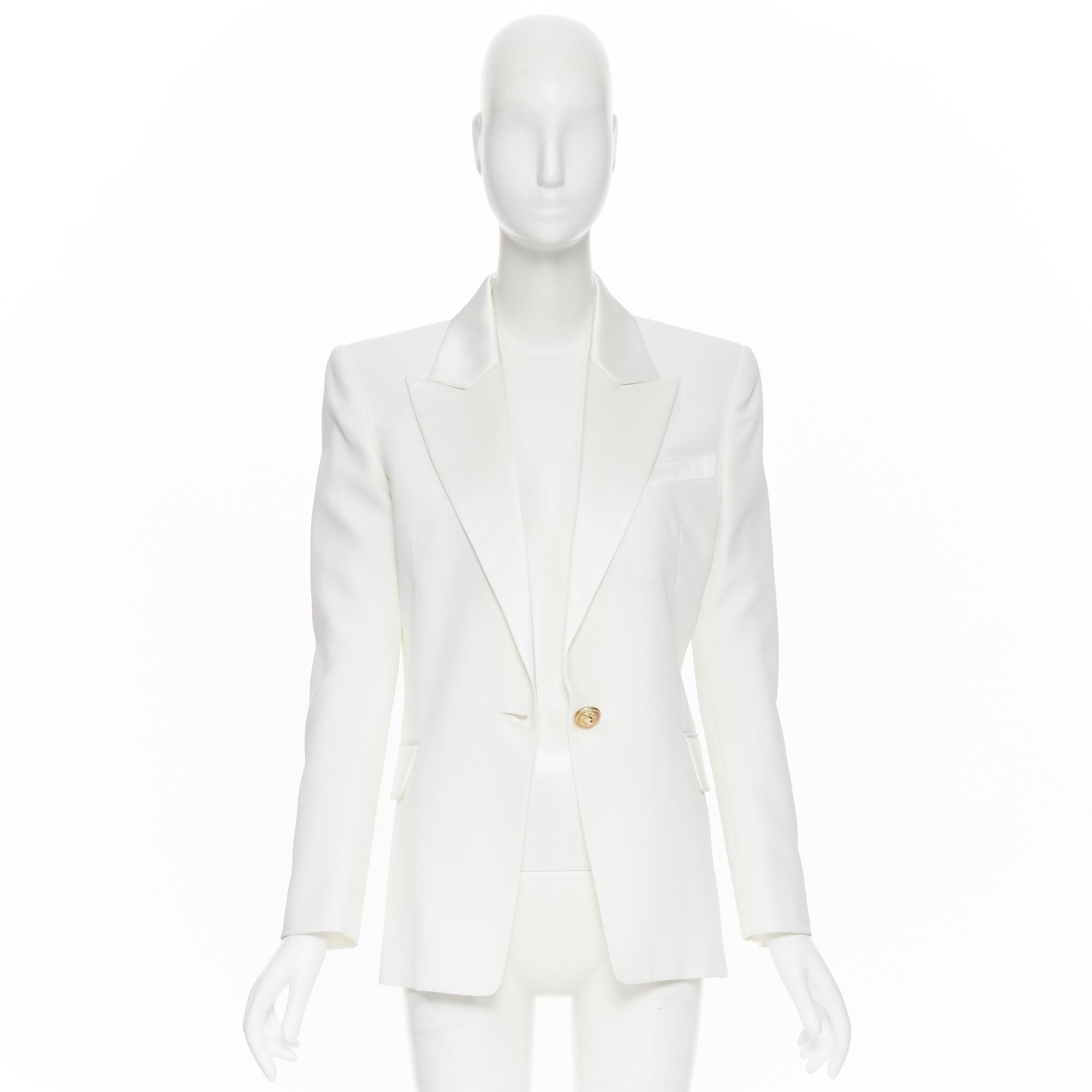 nuevo BALMAIN blanco viscosa militar pico satinado solapa militar chaqueta blazer FR40 Gris
