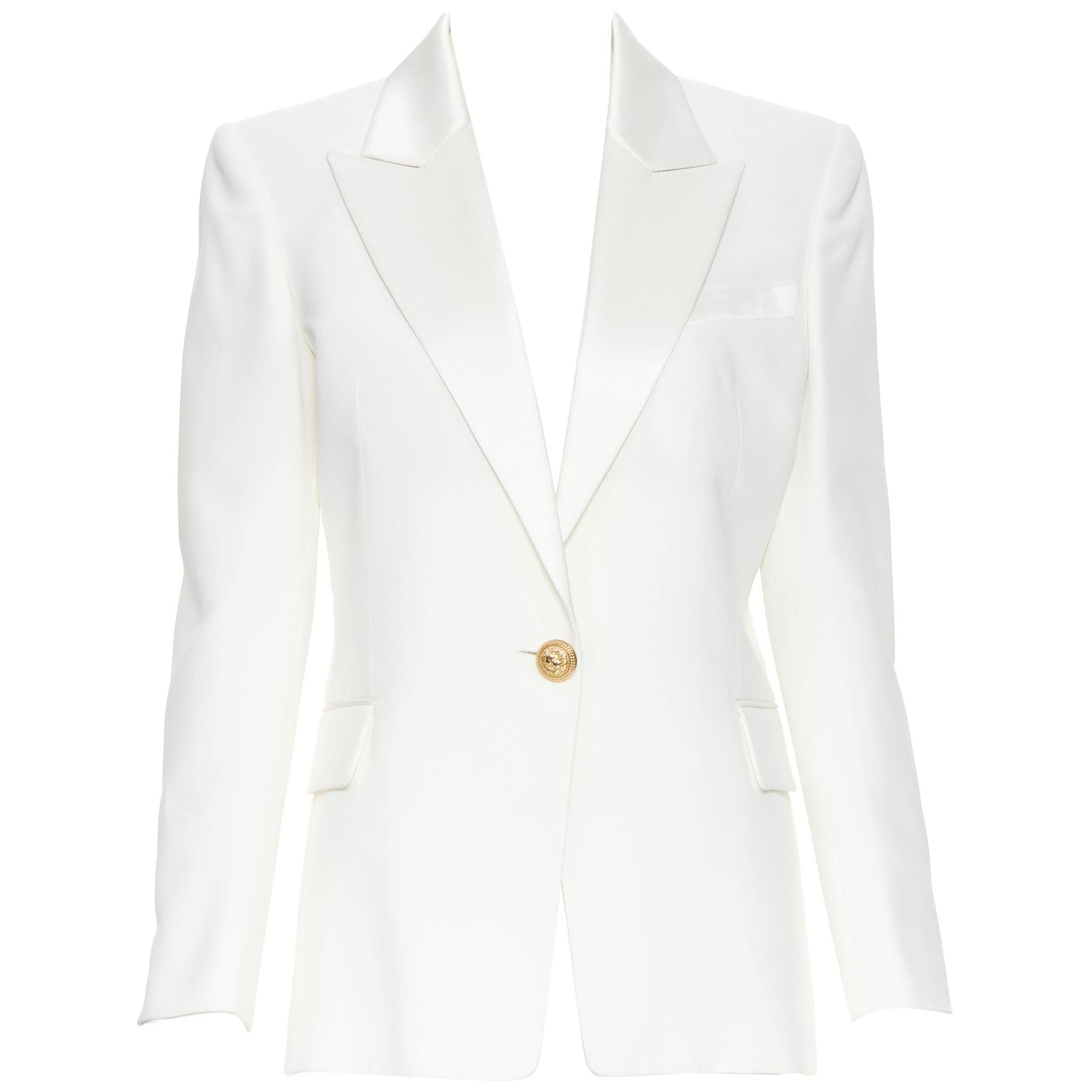 new BALMAIN white viscose military peak satin lapel military blazer jacket FR40