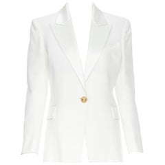 new BALMAIN white viscose military peak satin lapel military blazer jacket FR40