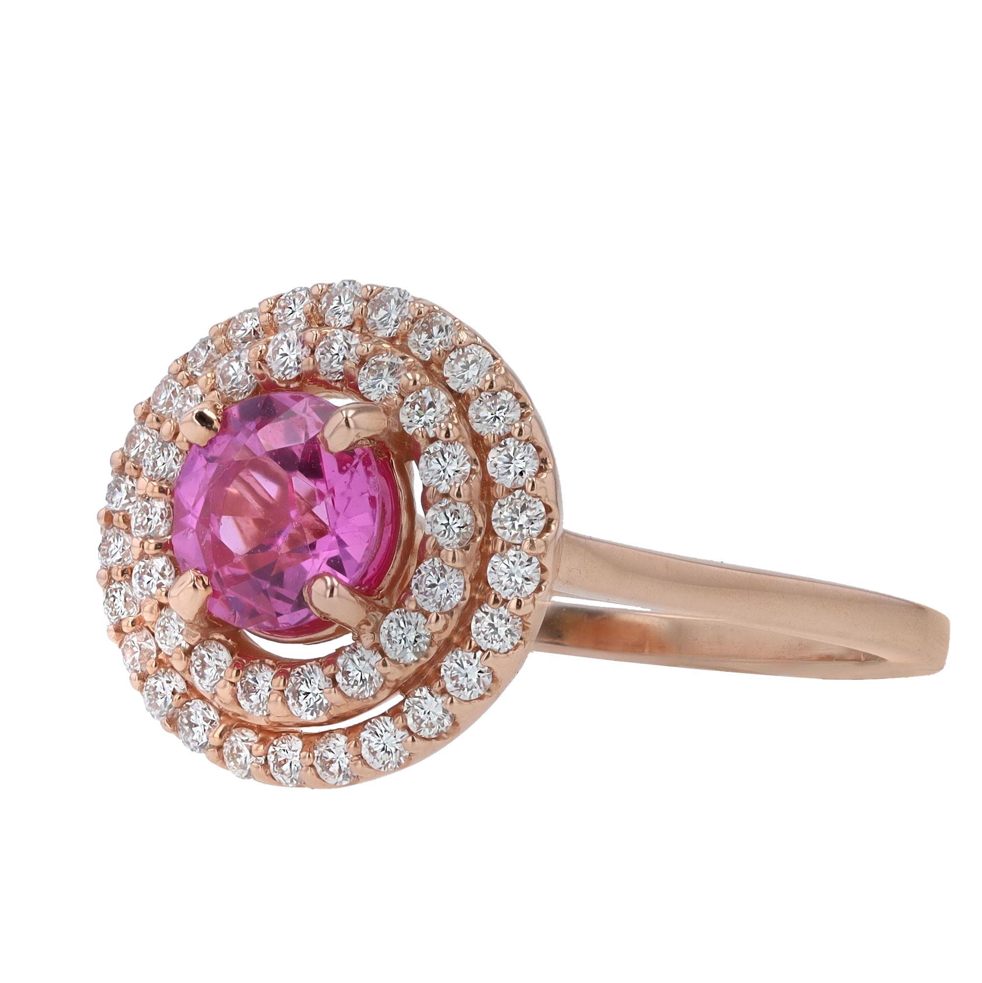 Contemporary New Barbie Pink Sapphire and Diamond Double-Halo Engagement Ring For Sale