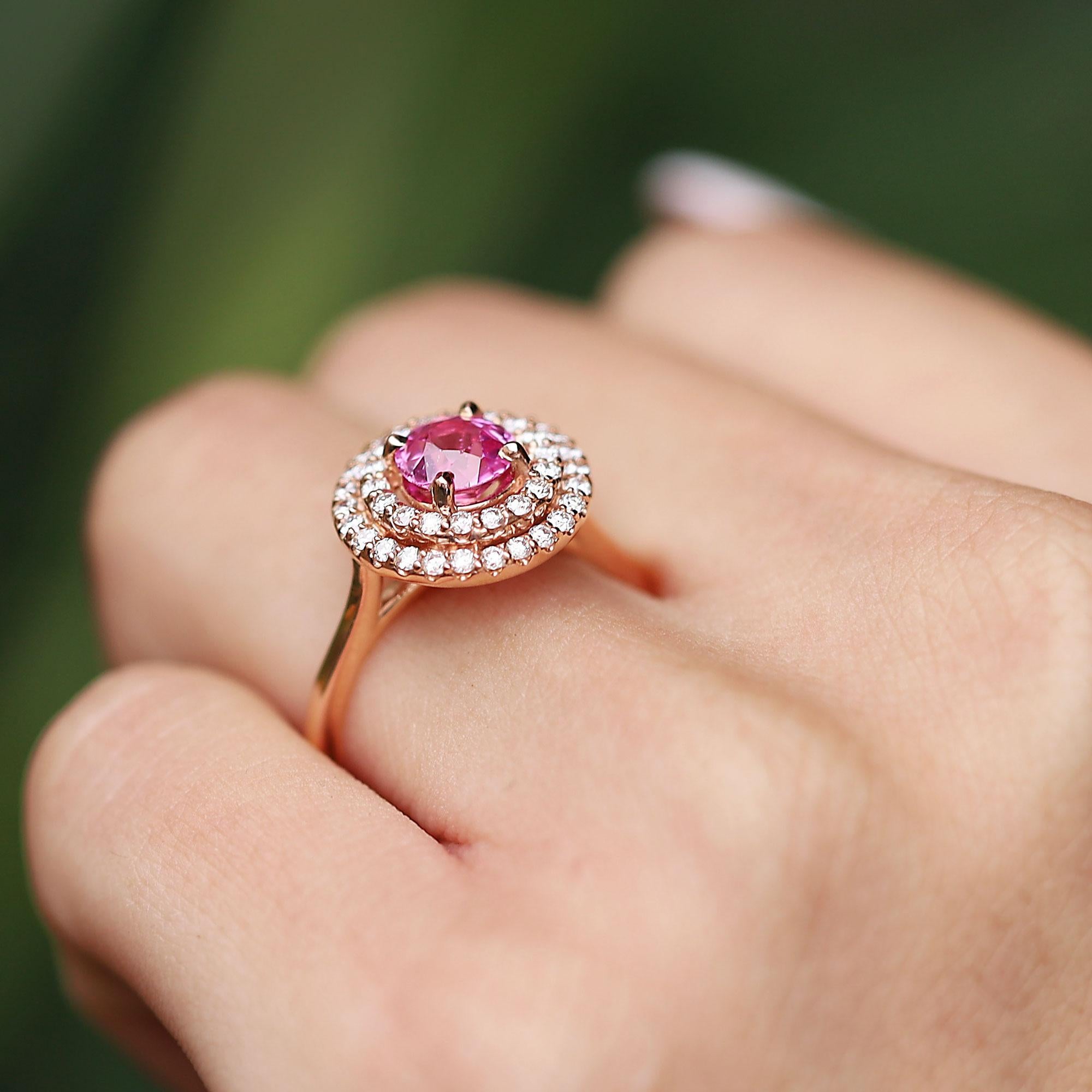 Round Cut New Barbie Pink Sapphire and Diamond Double-Halo Engagement Ring For Sale
