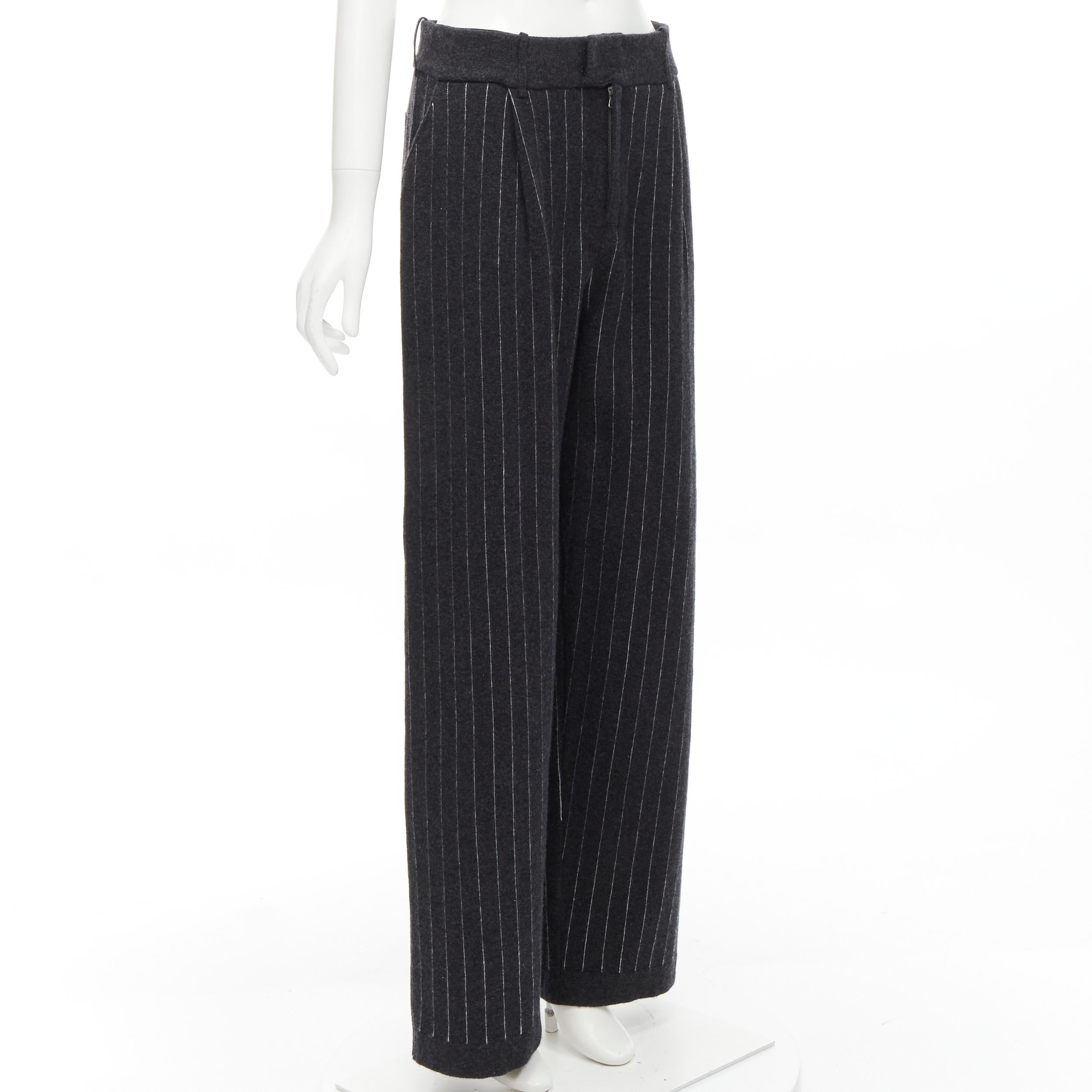 Black new BARRIE 100% pure cashmere dark grey pinstriped pleated wide leg pants M For Sale