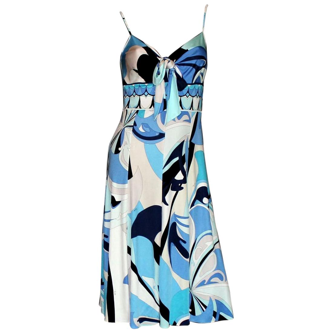 UNWORN Beautiful Emilio Pucci Signature Print Silk Jersey Bow Tie Dress 44 For Sale
