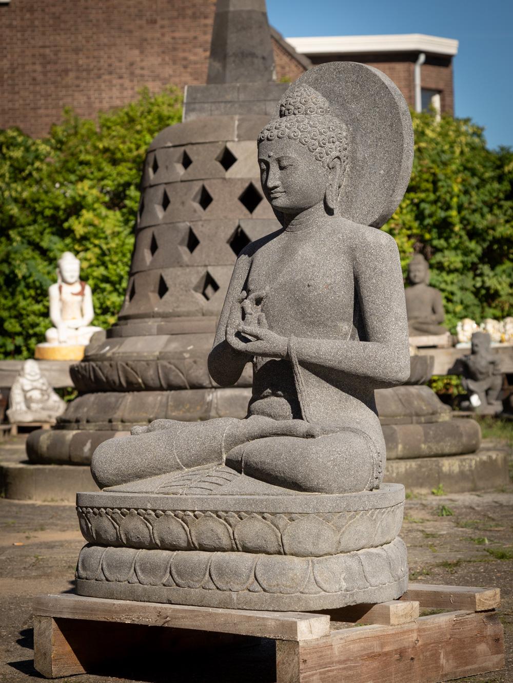 New beautiful lavastone Buddha statue from Indonesia in Dharmachakra mudr In New Condition For Sale In DEVENTER, NL