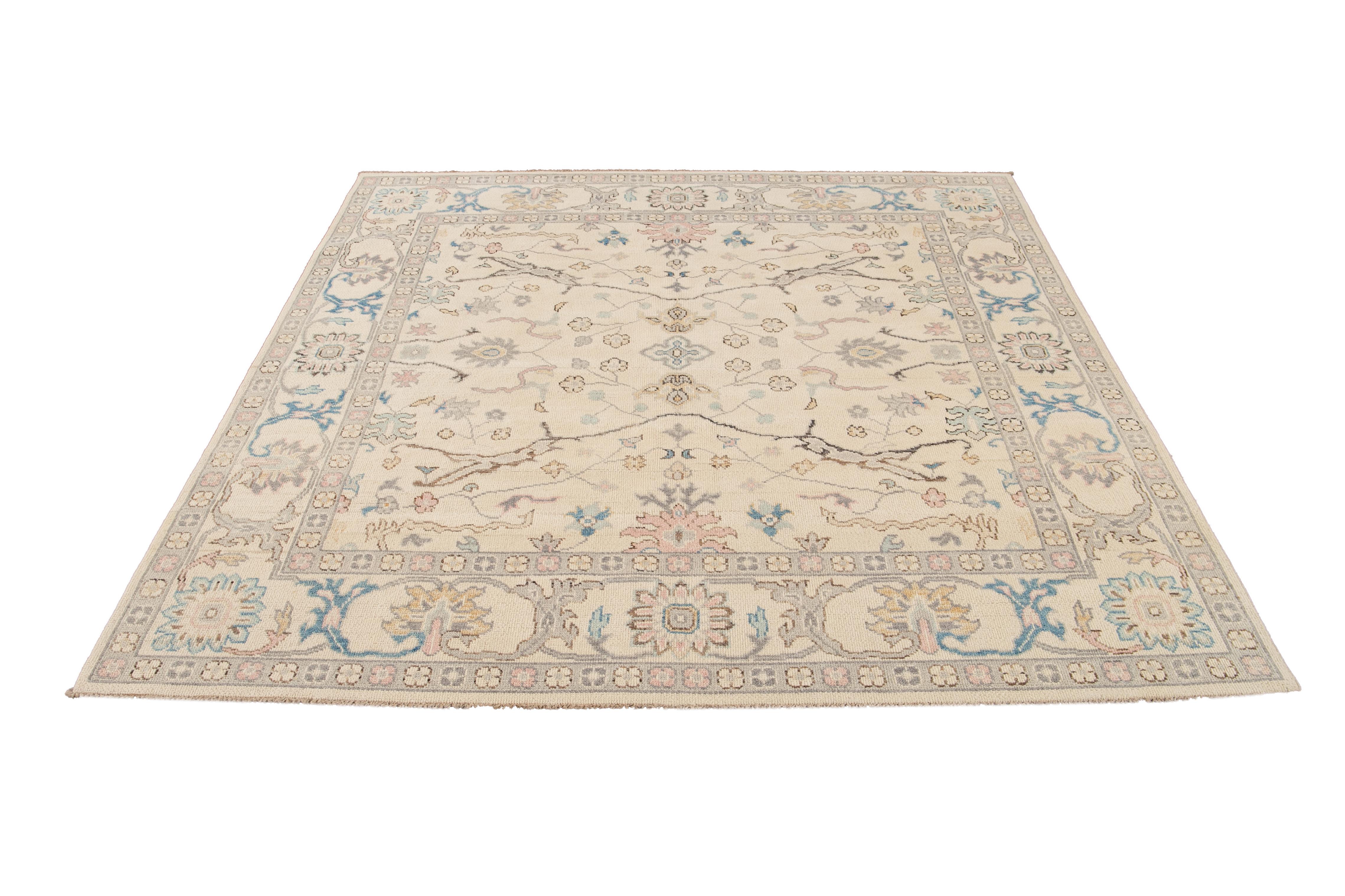 Pakistani New Beige Modern Oushak Square Wool Rug For Sale