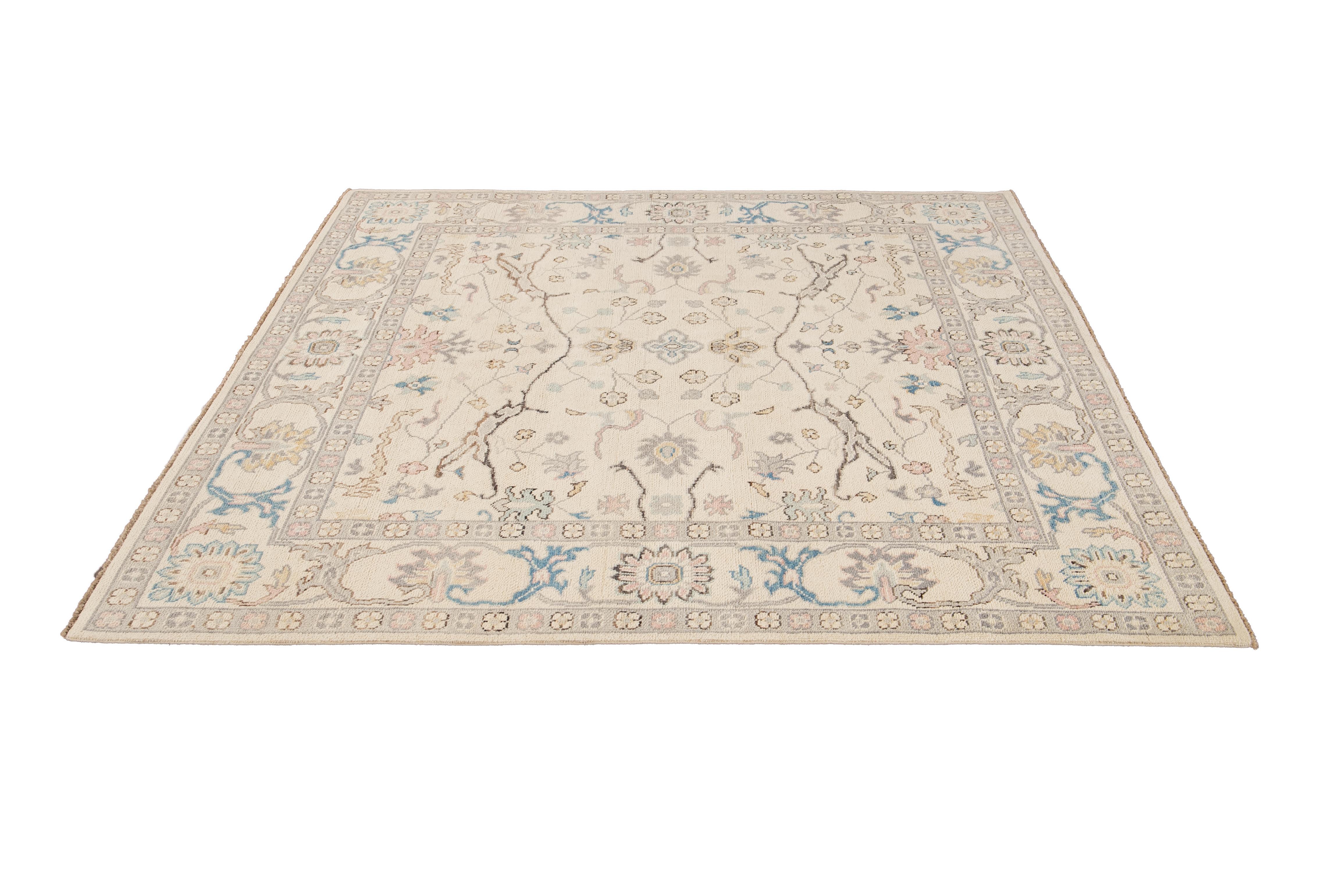 New Beige Modern Oushak Square Wool Rug For Sale 3