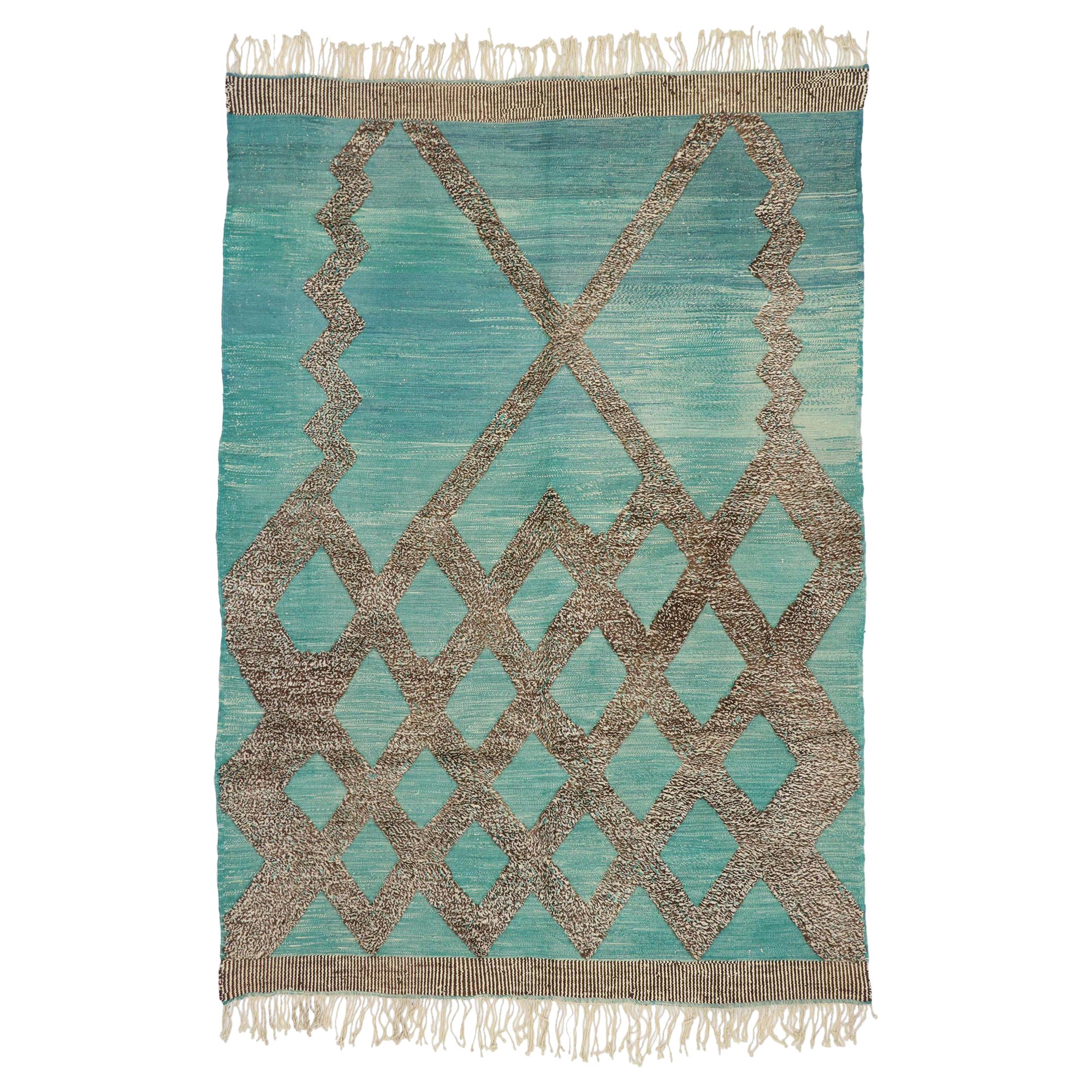 New Beni Mrirt Türkis Marokkanische Kilim Teppich mit einem erhöhten Design, 08'02 x 11'06