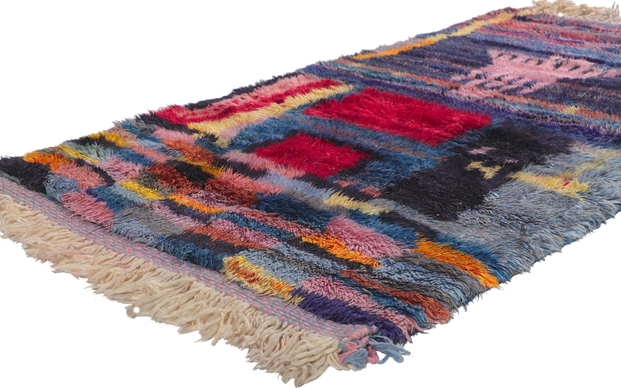 21114 Colorful Moroccan Beni Ourain Rug, 02'11 x 05'05. Colorful Beni Ourain rugs, originating from the Beni Ourain tribes of the Atlas Mountains in Morocco, offer a vibrant departure from traditional designs. While traditional Beni Ourain rugs are