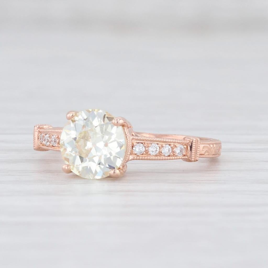 This is a new engagement ring. 

Gem: Natural Diamonds - 1.29 Total Carats
- Center - Old European Cut, S - T Color, VS1 Clarity
- Accents - 0.07 Total Carats, Round Brilliant Cut, G - H Color, VS2 Clarity
Metal: 14k Rose Gold
Weight: 2 Grams
