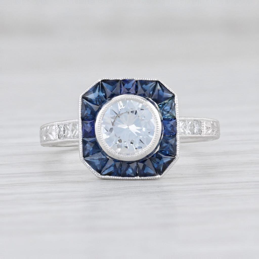 Round Cut New Beverley K 1.71ctw Sapphire Halo Engagement Ring 14k Gold Size 6.75 Diamonds For Sale