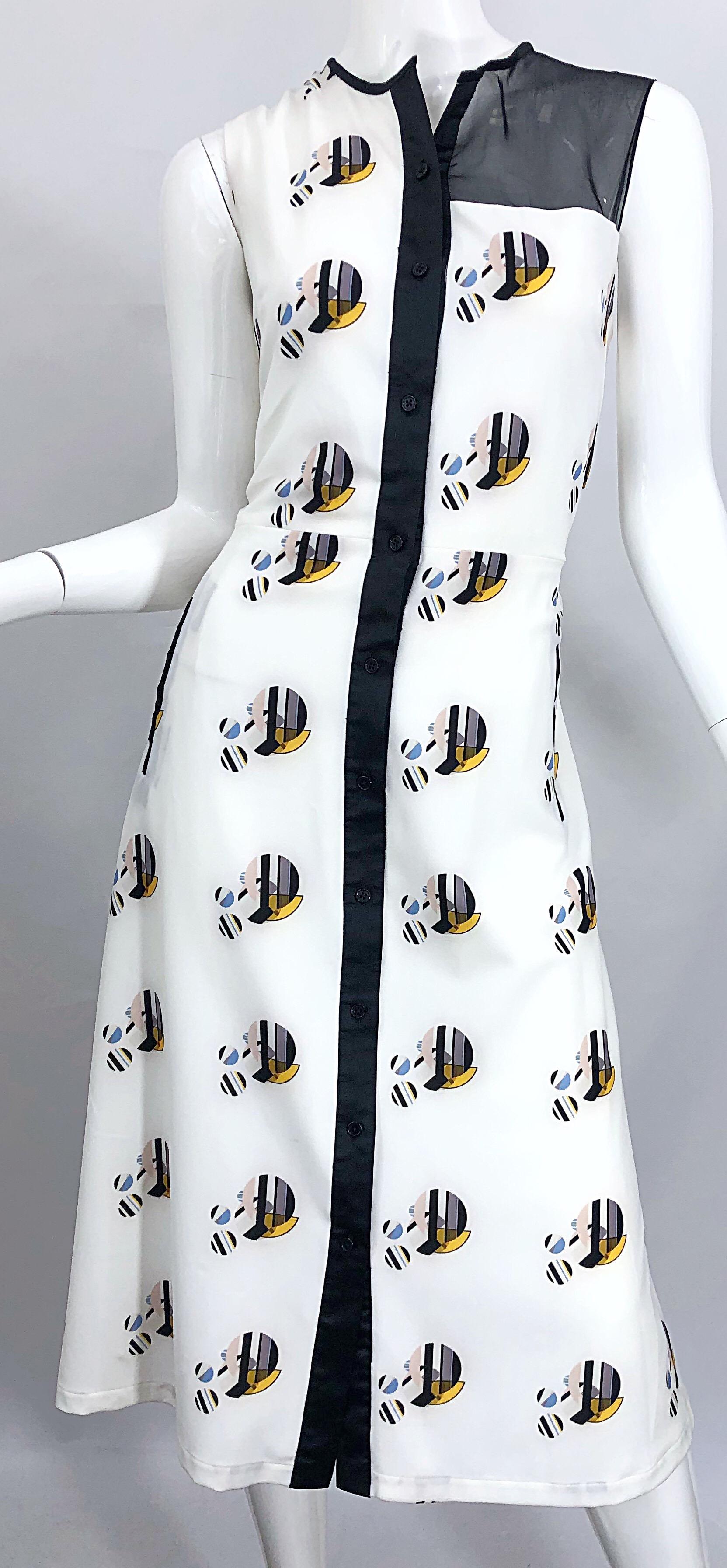 New Bibhu Mohapatra Abstract Print White and Black Silk Sleeveless Shirt Dress 2