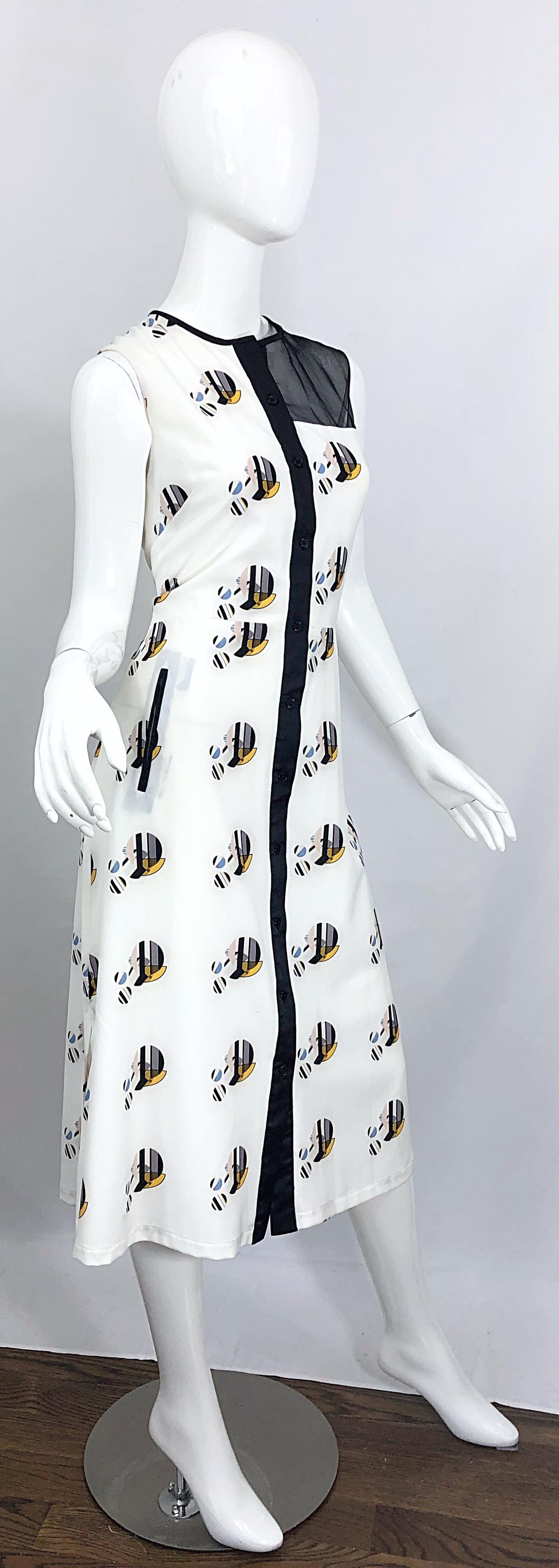 New Bibhu Mohapatra Abstract Print White and Black Silk Sleeveless Shirt Dress 4