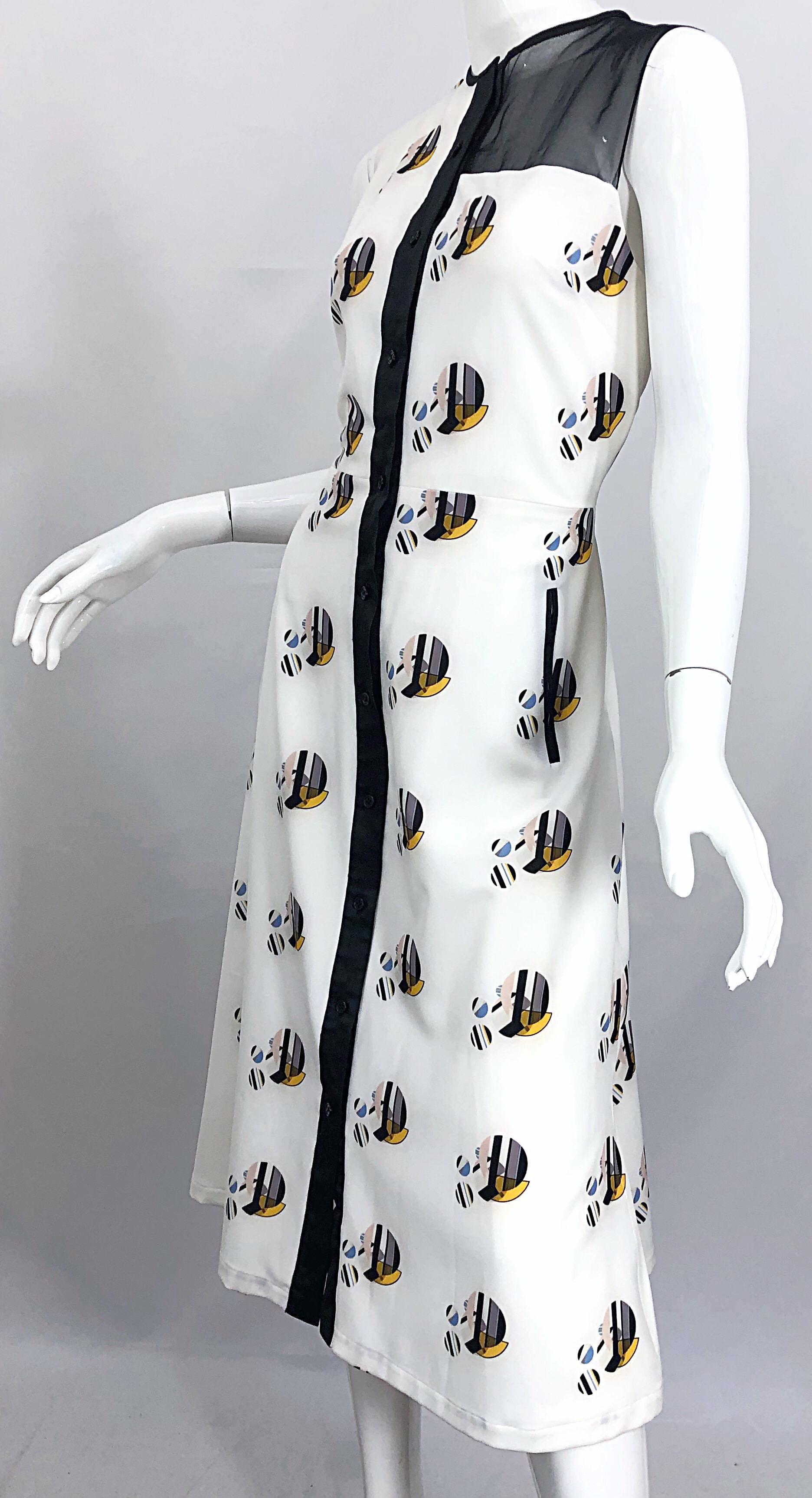 New Bibhu Mohapatra Abstract Print White and Black Silk Sleeveless Shirt Dress 5