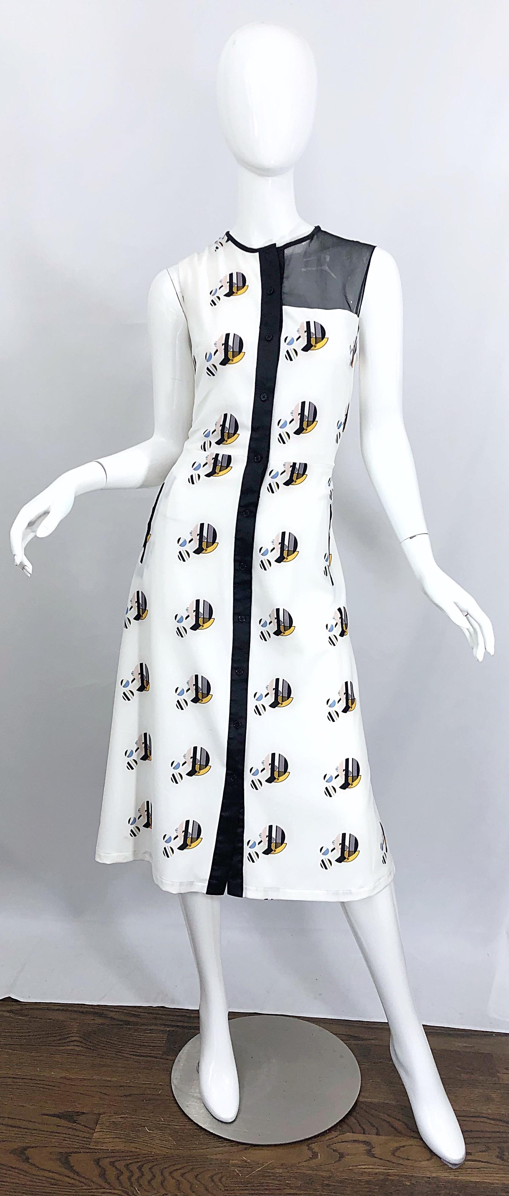 New Bibhu Mohapatra Abstract Print White and Black Silk Sleeveless Shirt Dress 6