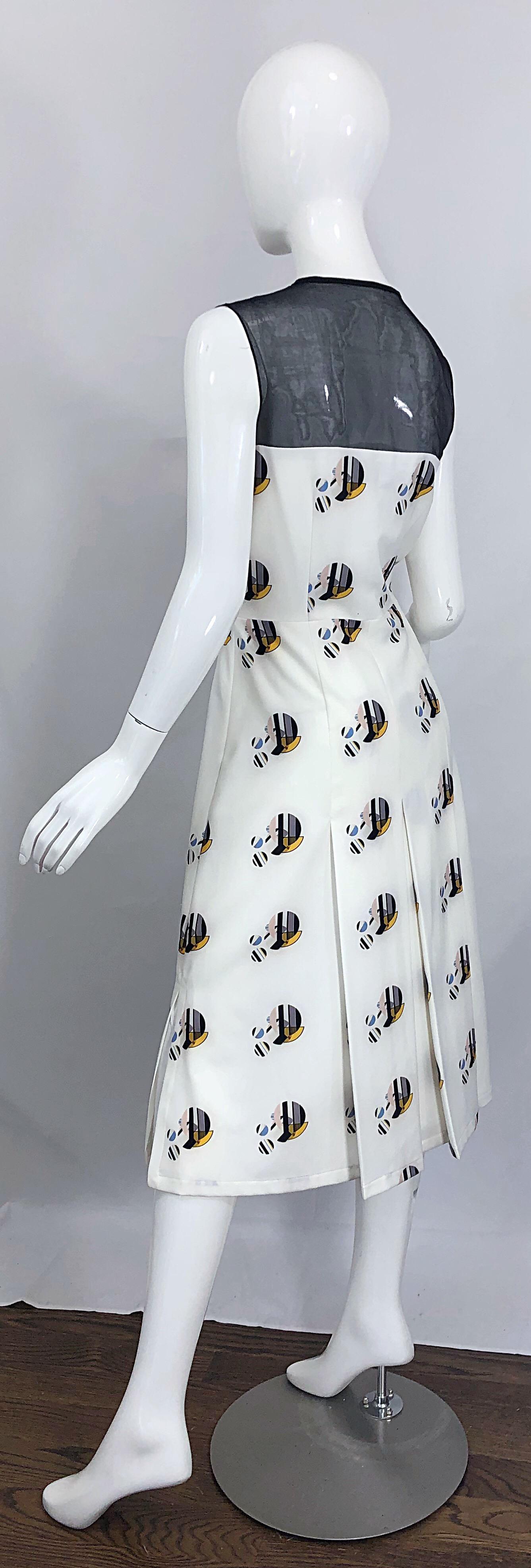 New Bibhu Mohapatra Abstract Print White and Black Silk Sleeveless Shirt Dress 7