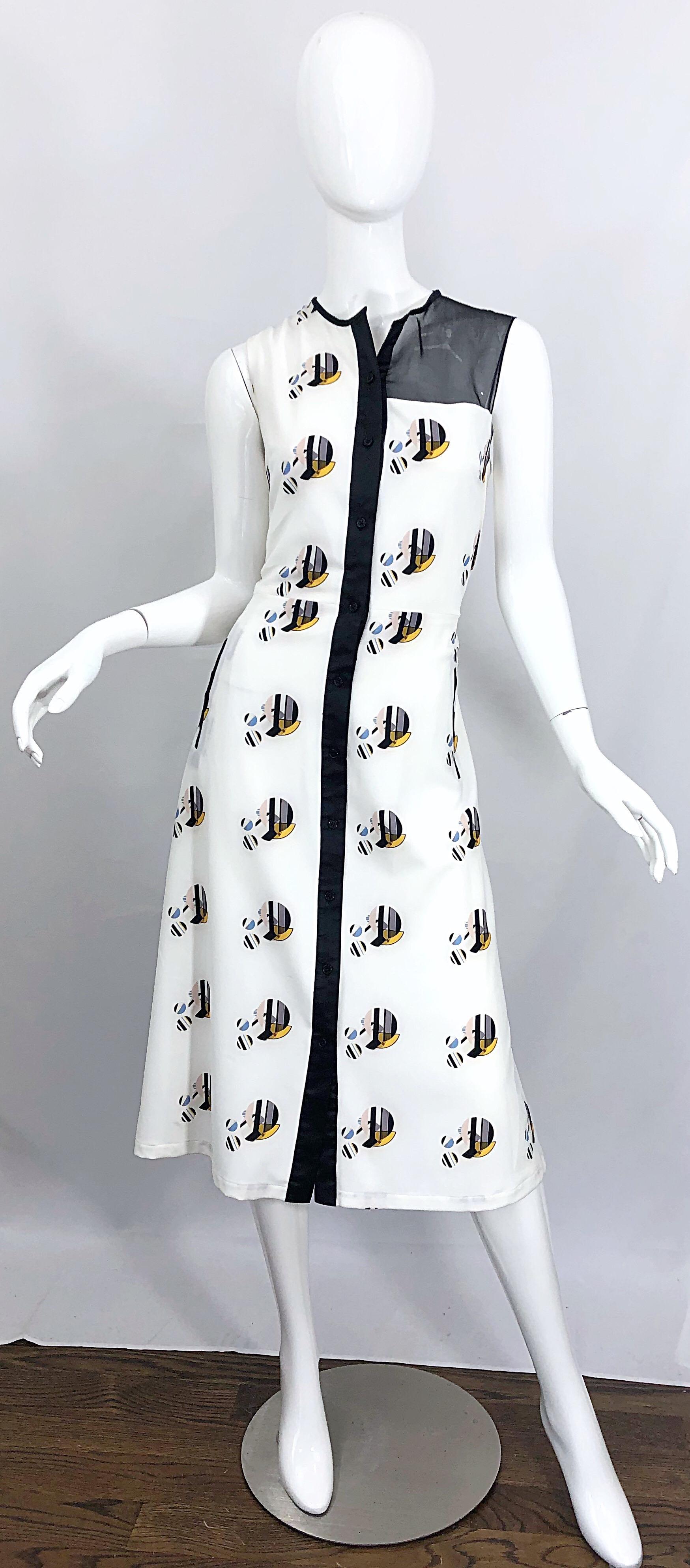 New Bibhu Mohapatra Abstract Print White and Black Silk Sleeveless Shirt Dress 8