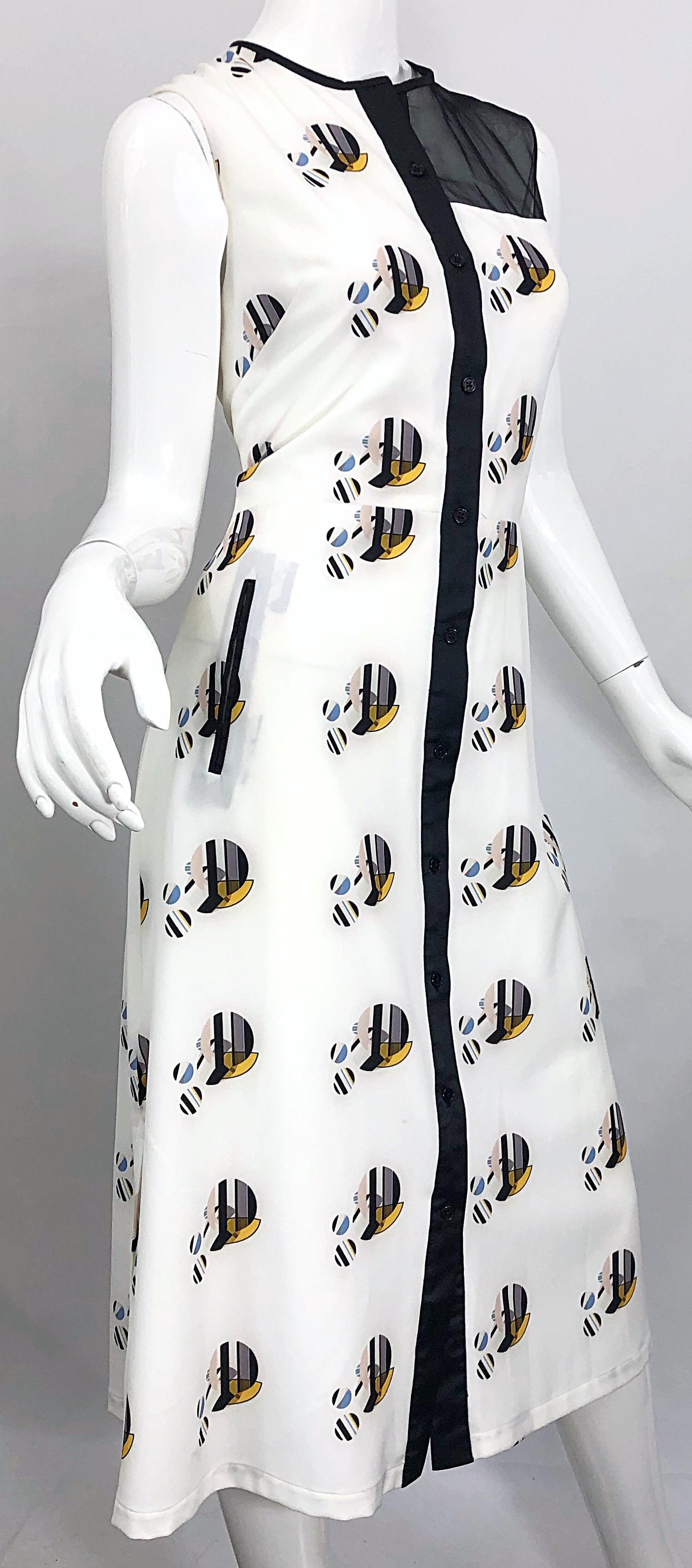 New Bibhu Mohapatra Abstract Print White and Black Silk Sleeveless Shirt Dress 1