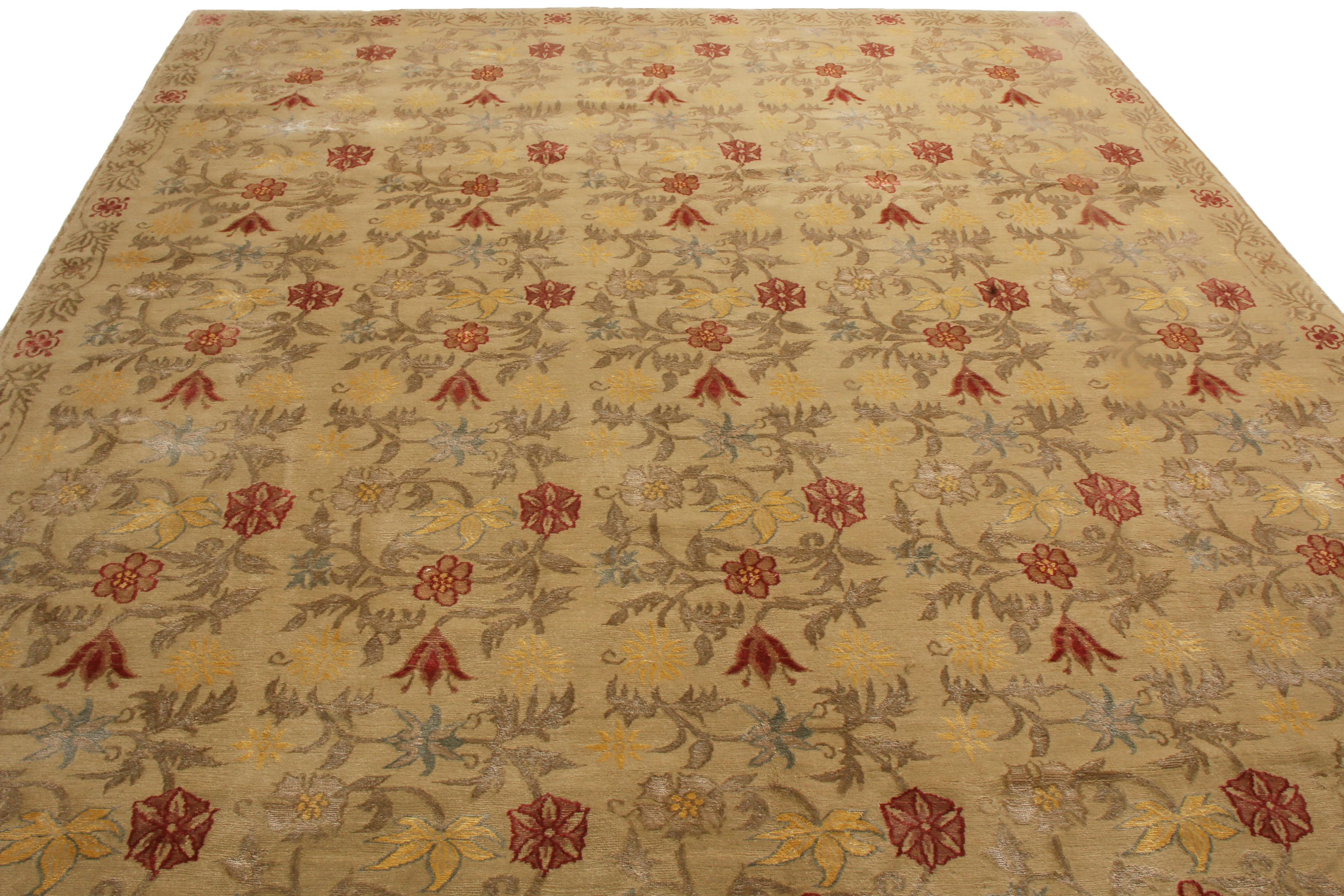 Originating from Nepal, this new transitional rug features a Bilbao floral design, hand knotted in a lustrous combination of wool and silk. Named for the Spanish city fathering its ancestral patterns, the repetition of the all-over tulip and