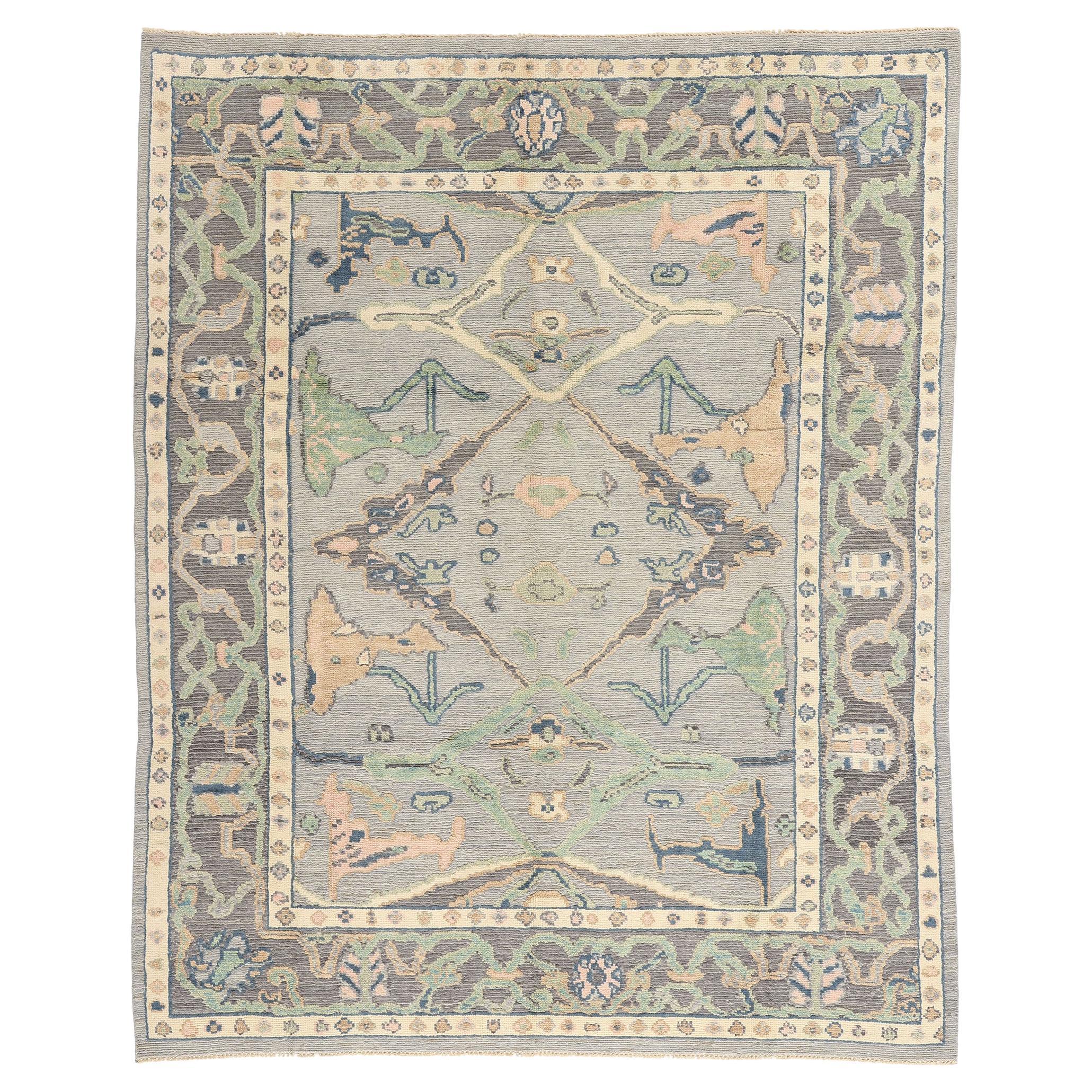 New Biophilic Contemporary Blue-Gray Oushak Soumak Textured Carpet