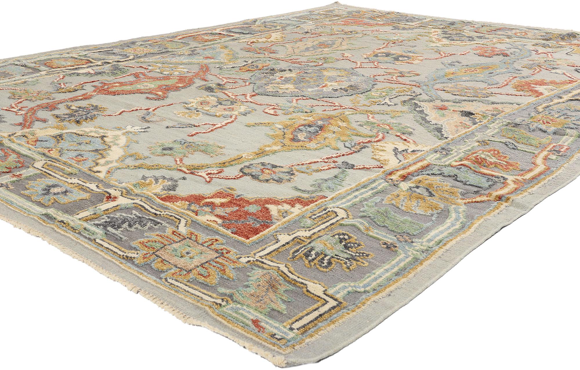 81143 New Modern Oushak Soumak Rug, 09'01 x 11'10. This handwoven wool modern Oushak Soumak rug exudes a timeless elegance that bridges the gap between traditional motifs and contemporary design sensibilities. The soft gray field is adorned with an