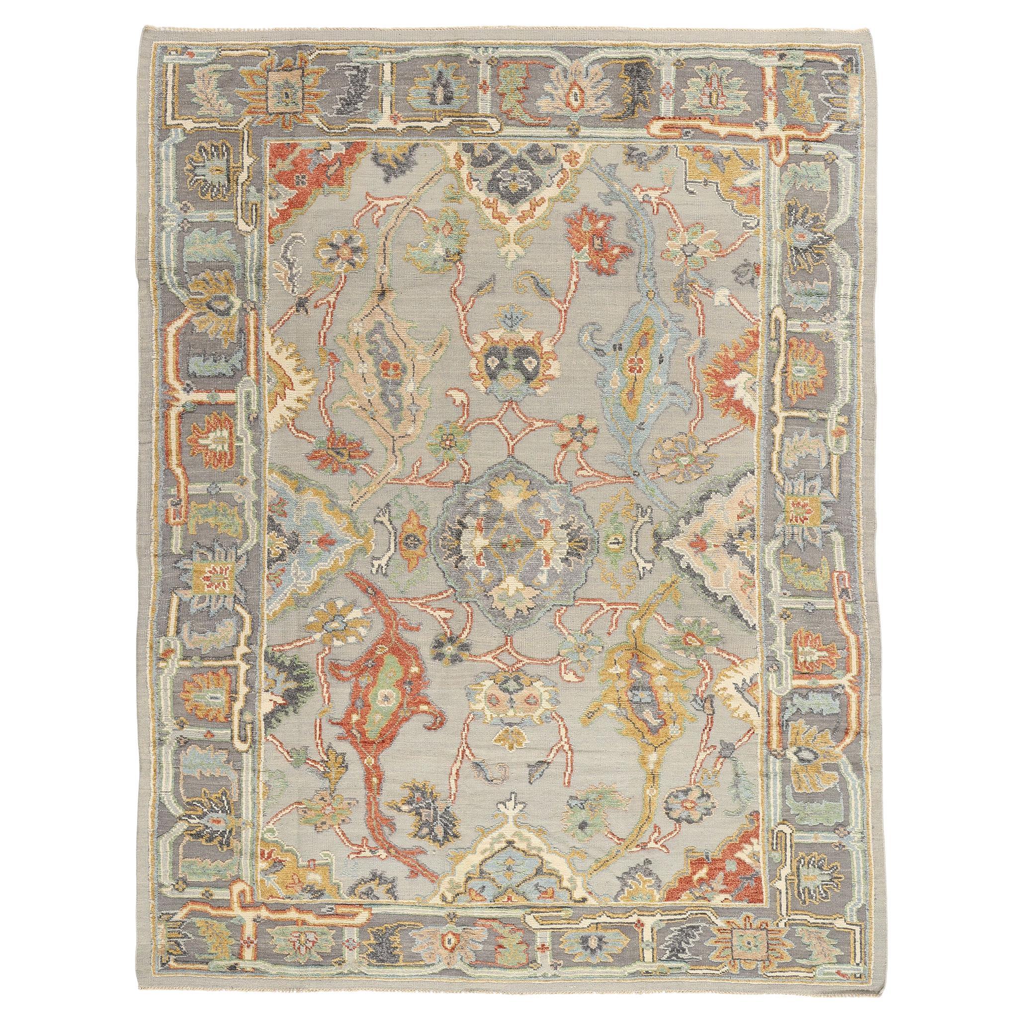 New Biophilic Contemporary Colorful Oushak Soumak Textured Carpet For Sale