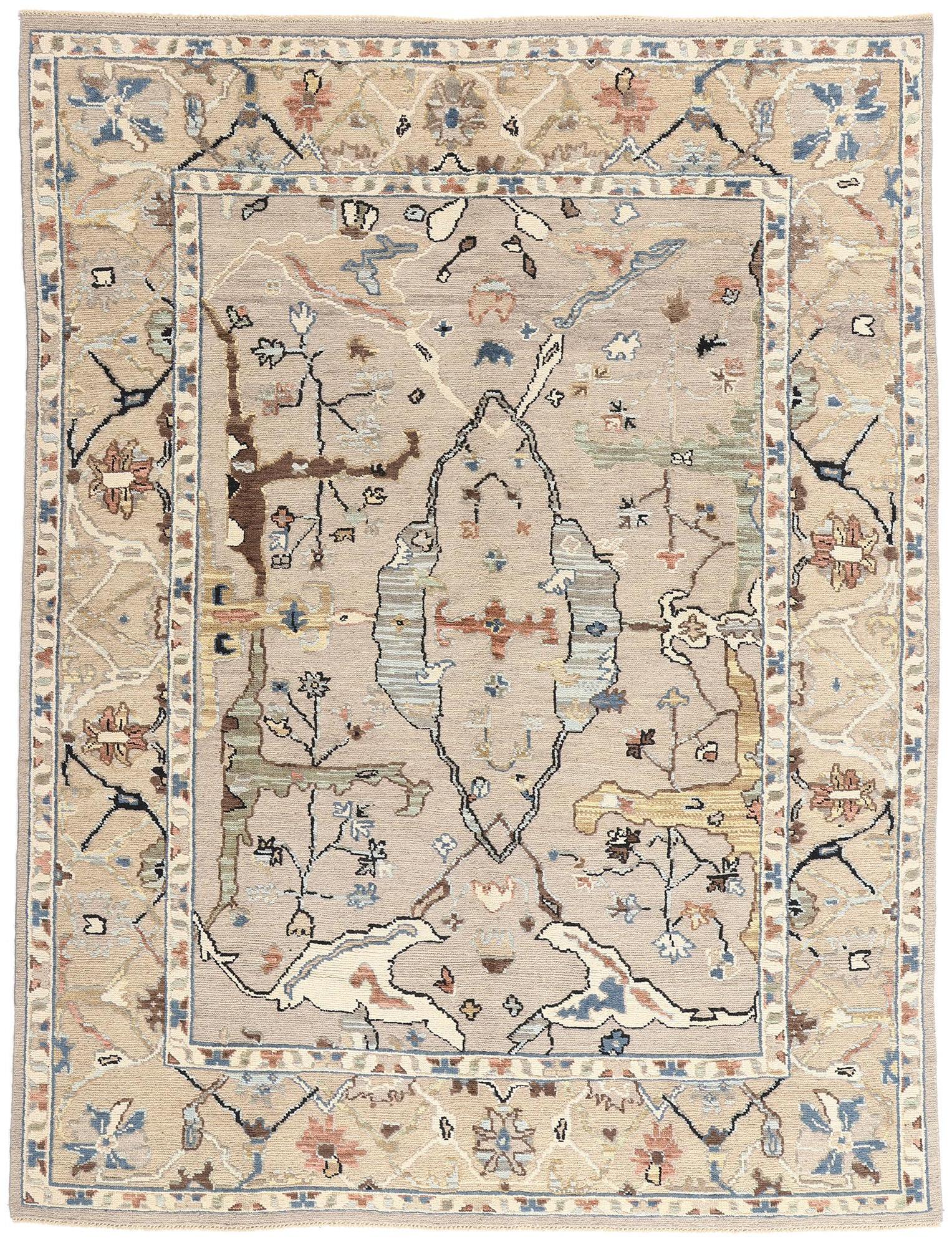 New Biophilic Contemporary Earth-Tone Oushak Soumak Textured Carpet