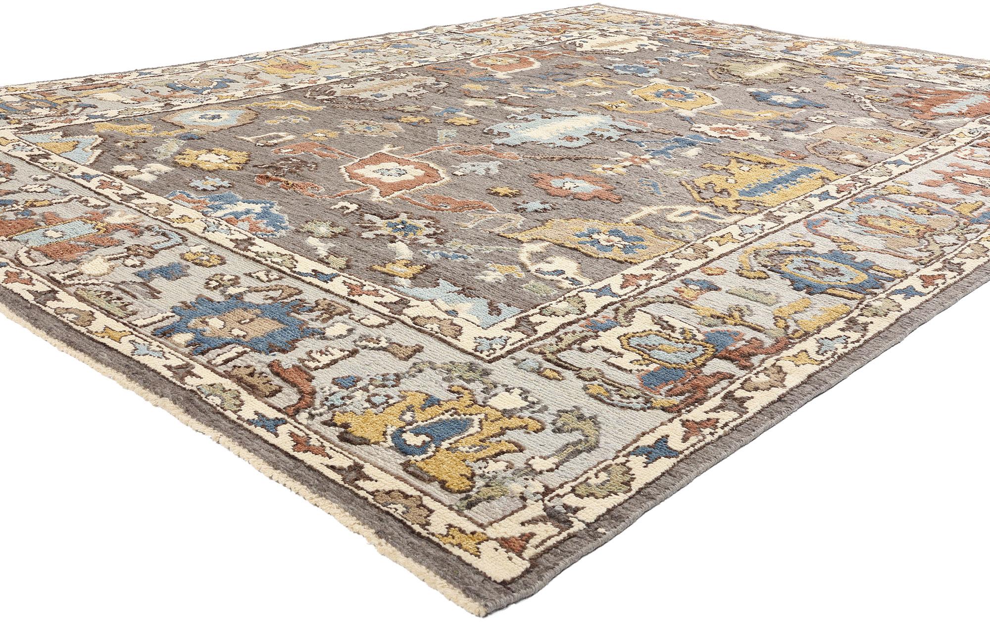 81163 Nuovo Tappeto Oushak Soumak Grigio Moderno, 09'00 x 12'02. Questo tappeto Oushak Soumak moderno in lana, tessuto a mano e realizzato in Pakistan, è una splendida reinterpretazione dell'estetica anatolica senza tempo. Il suo campo grigio caldo