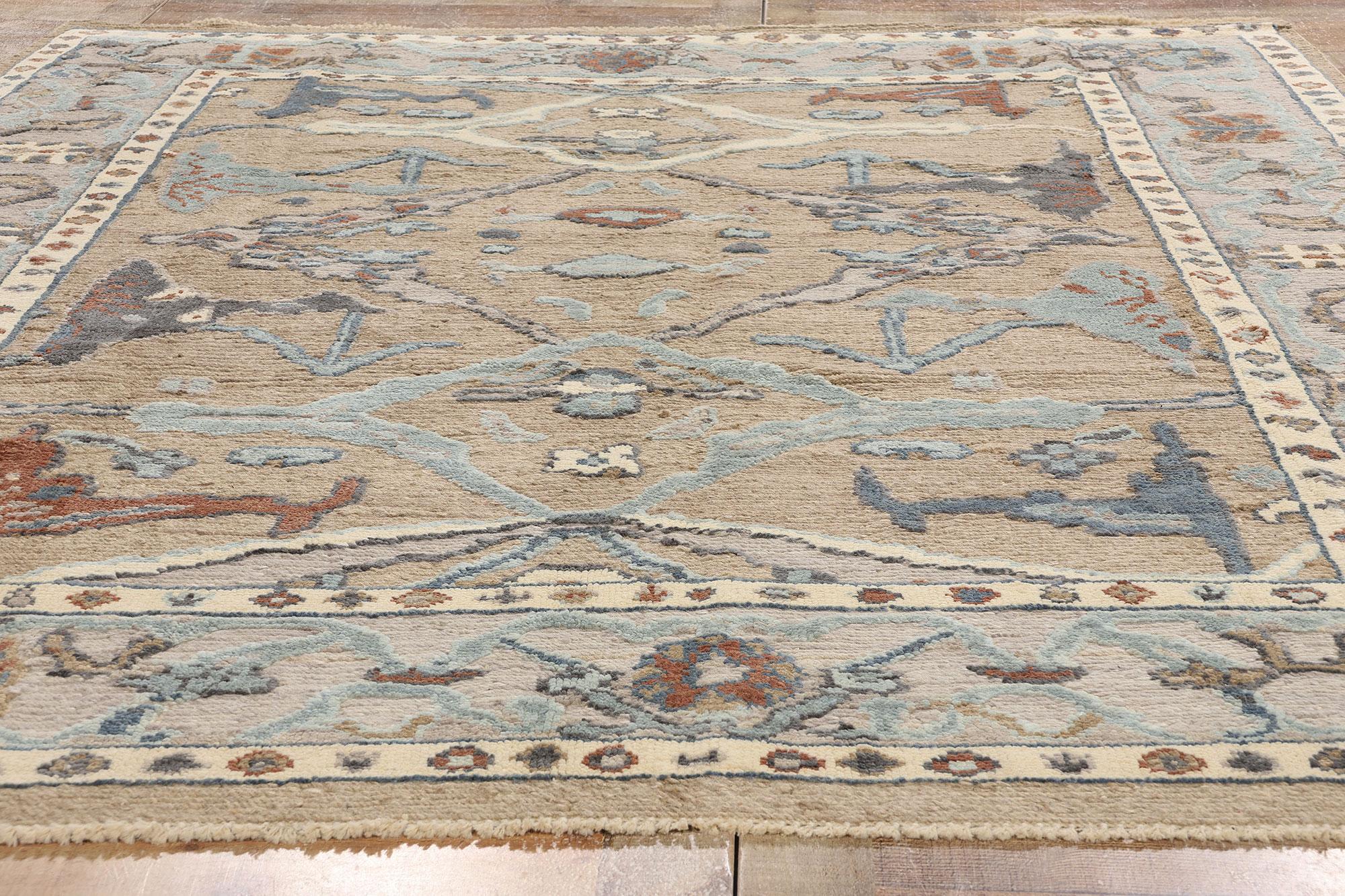 New Biophilic Contemporary Soft Earth-Tone Oushak Soumak Textured Carpet (Handgeknüpft) im Angebot