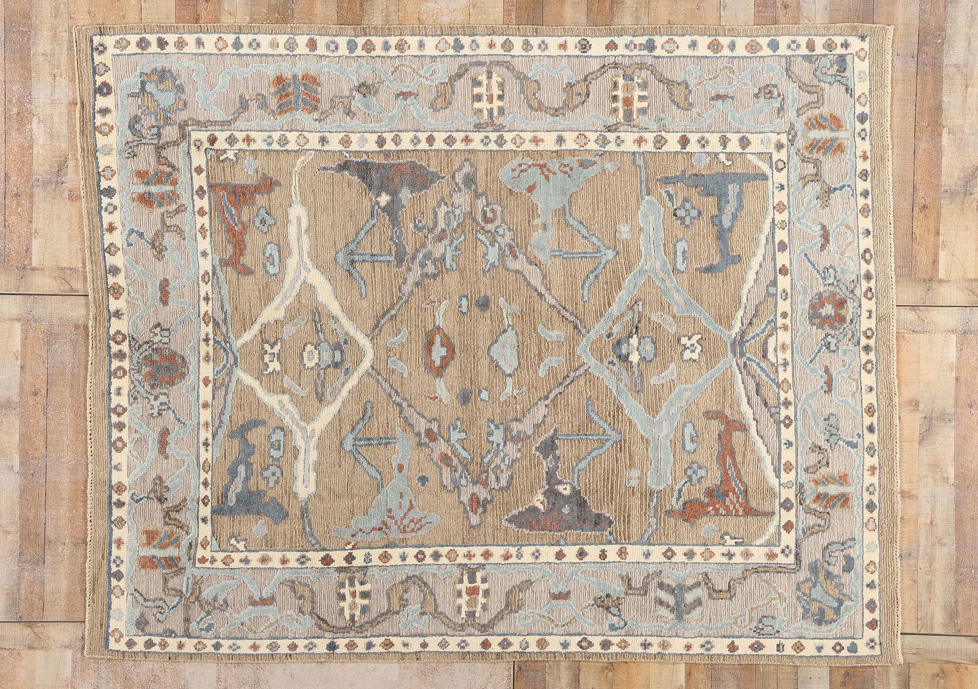 New Biophilic Contemporary Soft Earth-Tone Oushak Soumak Textured Carpet im Angebot 1