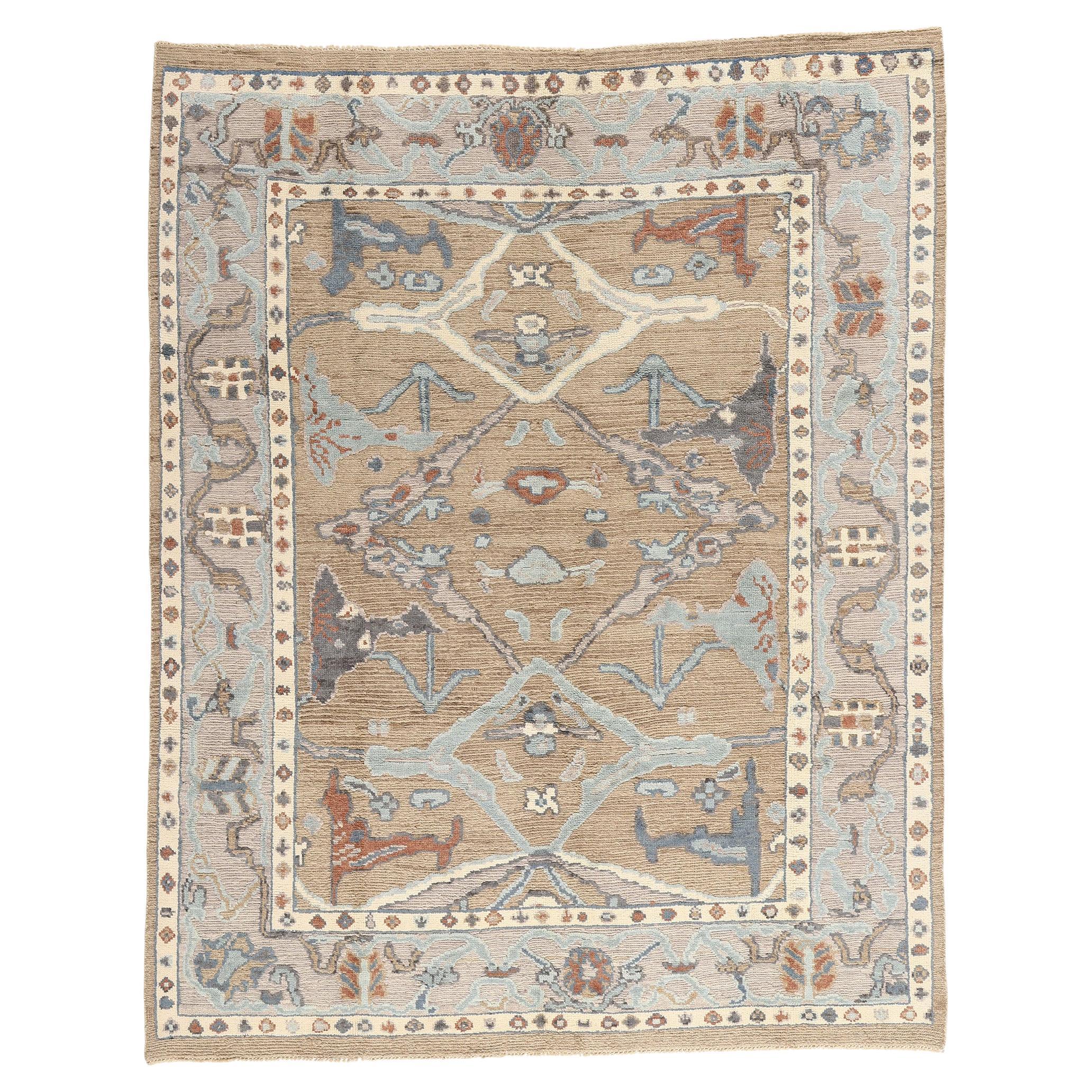 New Biophilic Contemporary Soft Earth-Tone Oushak Soumak Textured Carpet