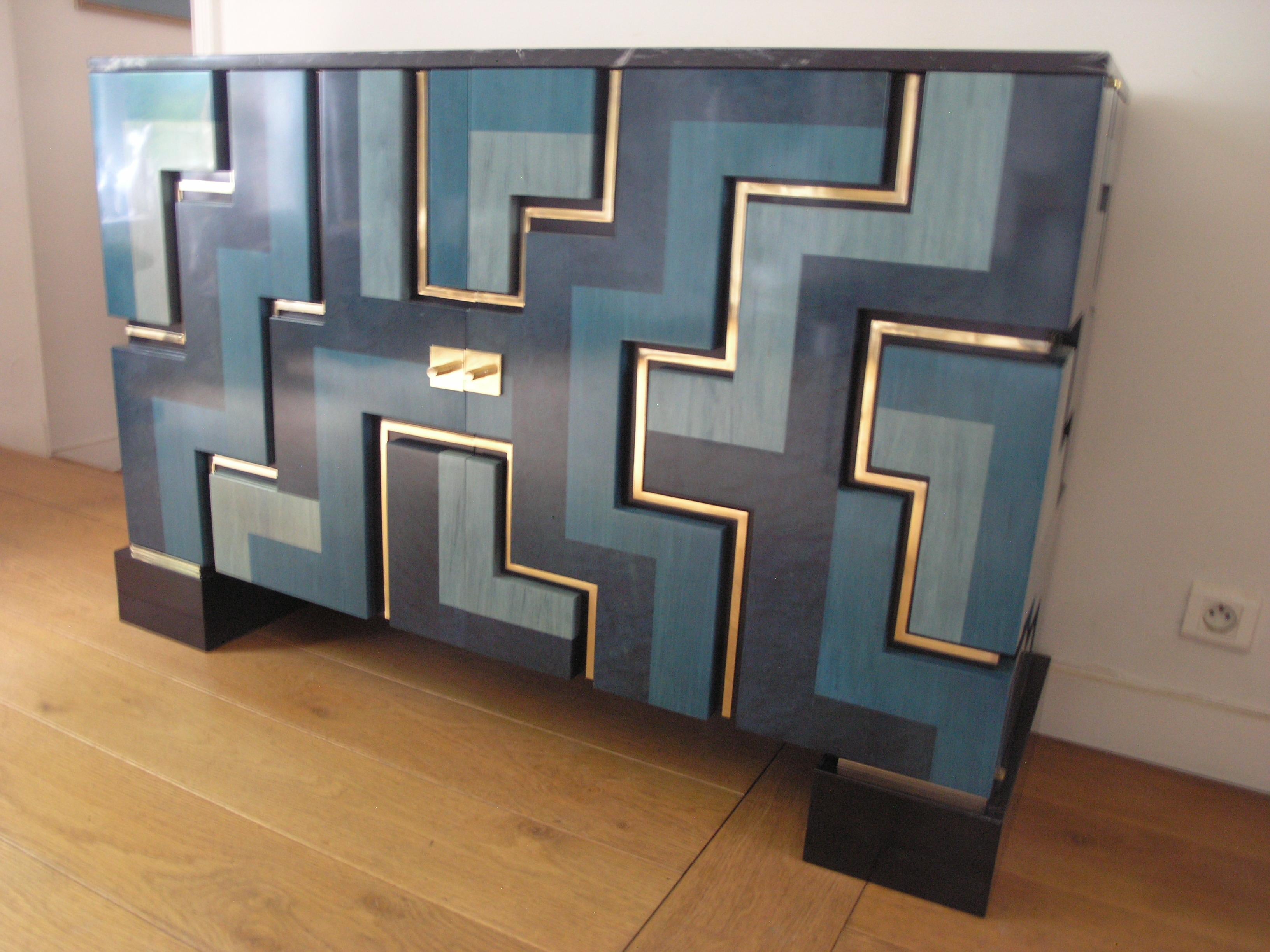 Neu  Schwarz und  Blaue Tischlampe   Intarsien aus Holz von Aymeric Lefort im Angebot 2