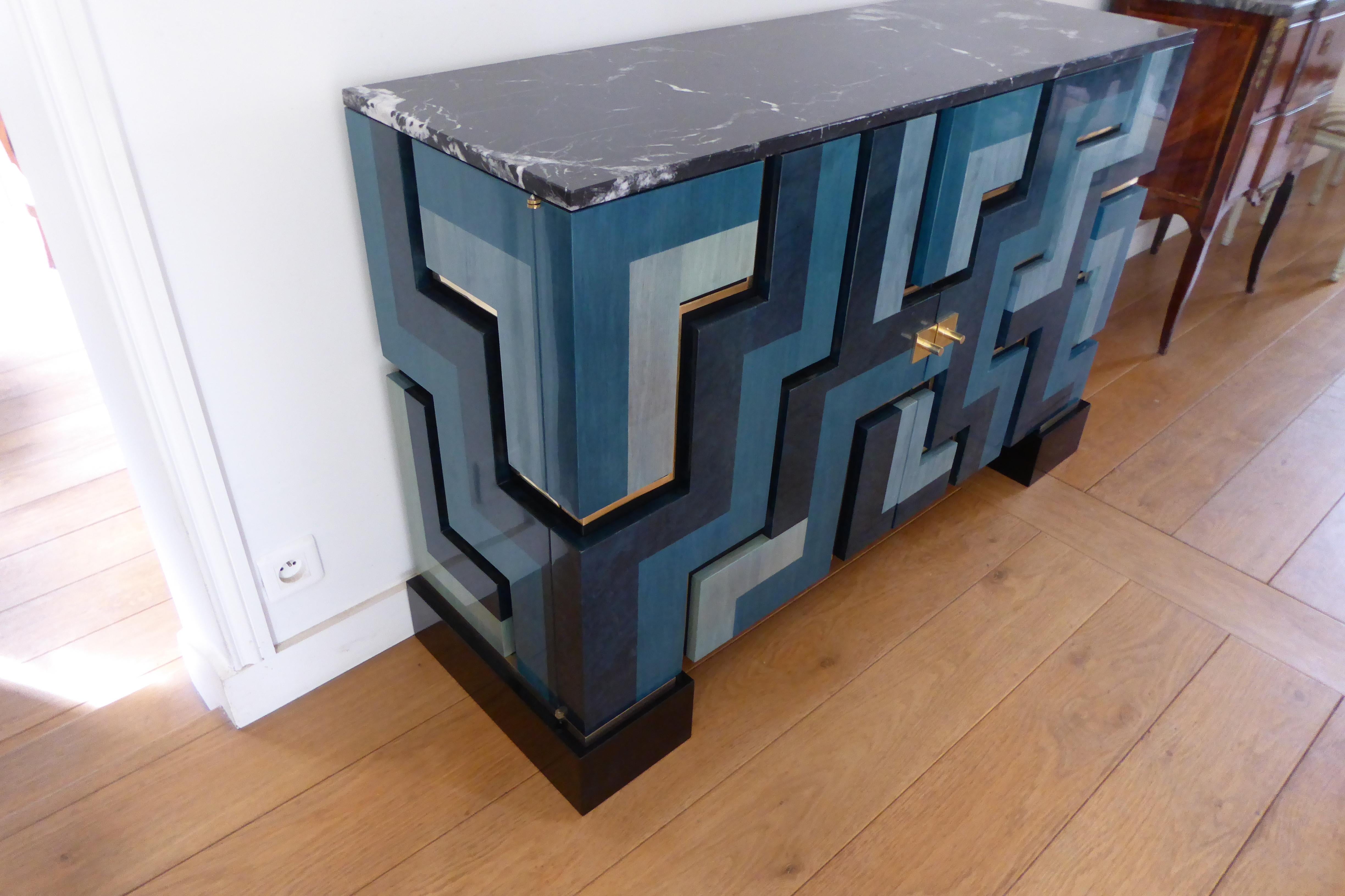 Neu  Schwarz und  Blaue Tischlampe   Intarsien aus Holz von Aymeric Lefort im Angebot 5