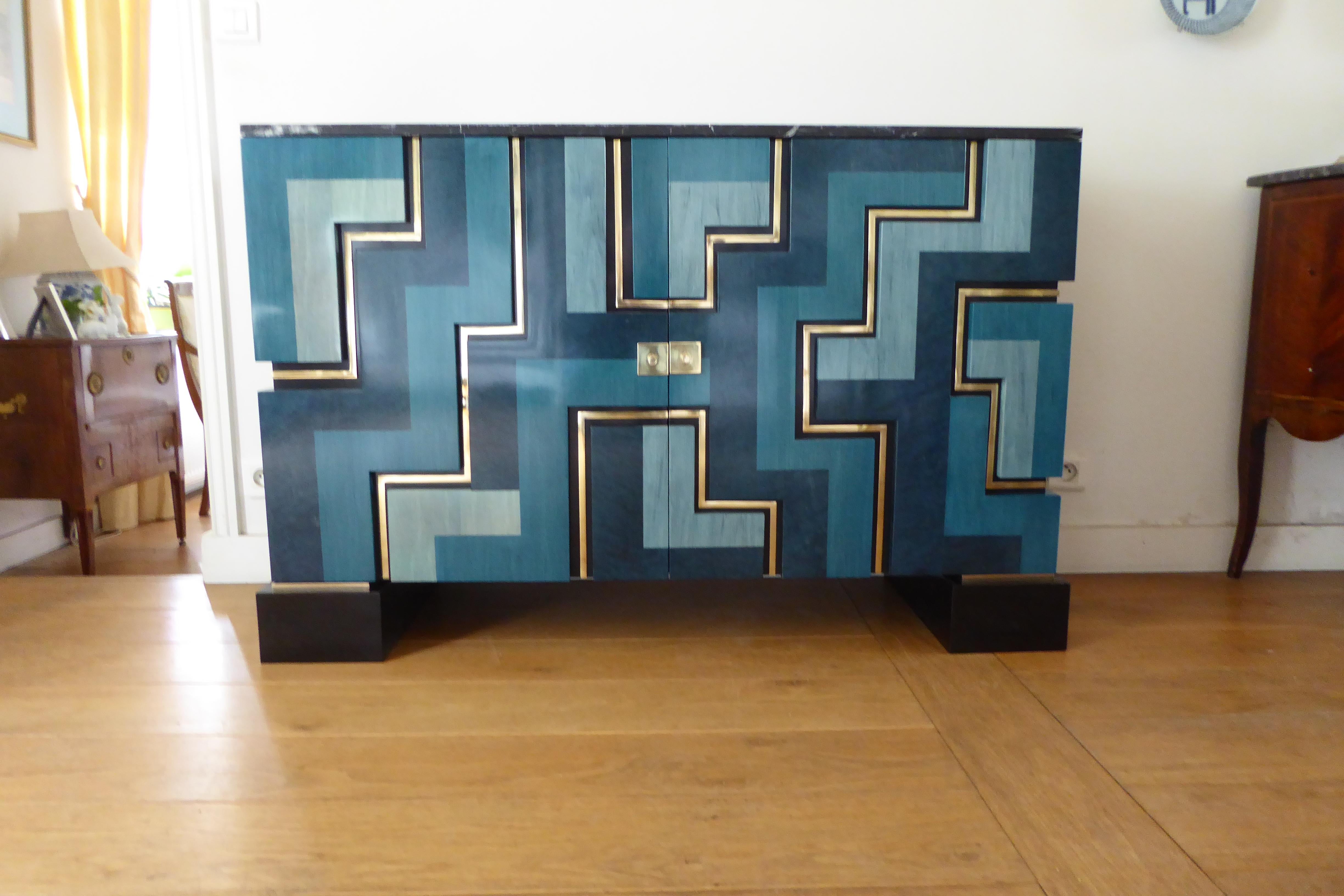Neu  Schwarz und  Blaue Tischlampe   Intarsien aus Holz von Aymeric Lefort im Angebot 8