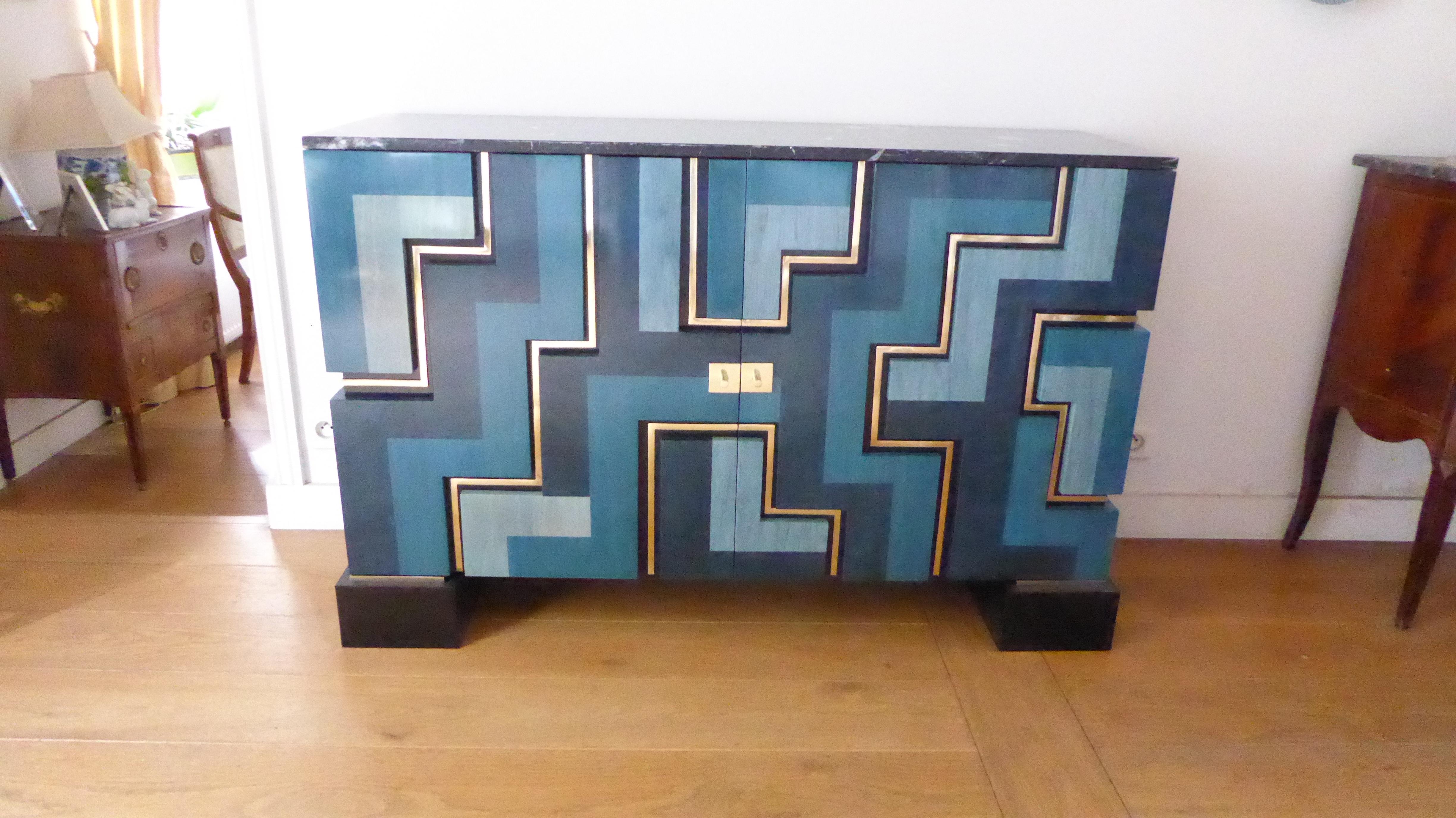 Neu  Schwarz und  Blaue Tischlampe   Intarsien aus Holz von Aymeric Lefort (Französisch) im Angebot