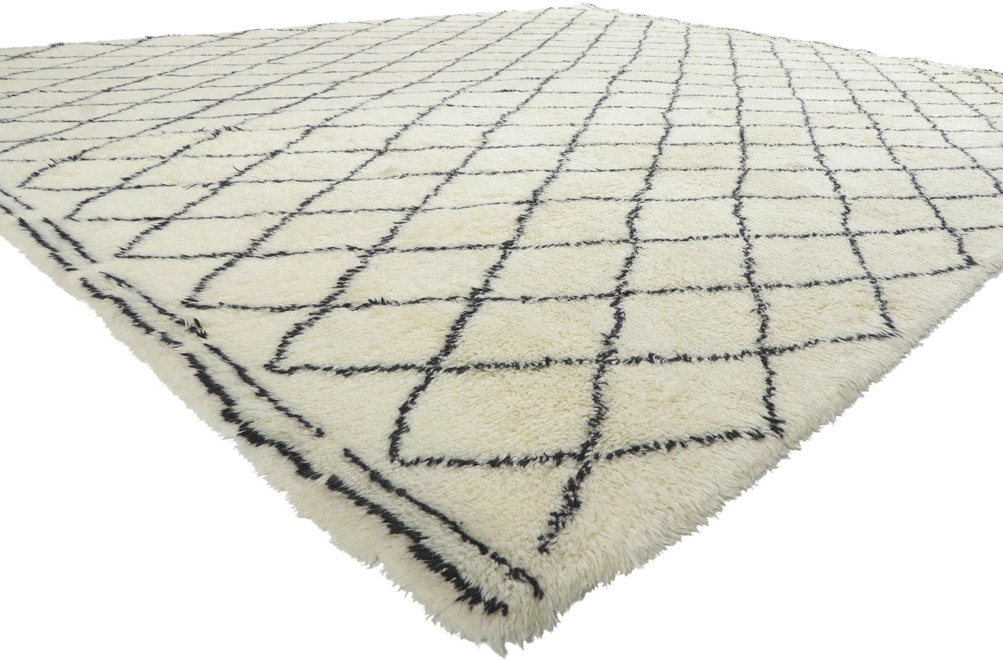 30420 New Moroccan Style Rug, 10’03 x 13’00. Emanating simplicity with a plush pile, this hand knotted wool Moroccan style rug is a captivating vision of woven beauty. The eye-catching diamond trellis and neutral colorway woven into this piece work