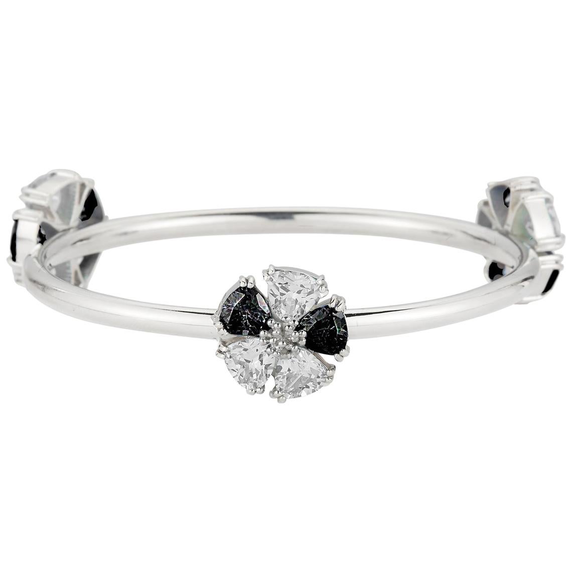Black and White Sapphire Triple Blossom Mixed Stone Bangle Bracelet For Sale