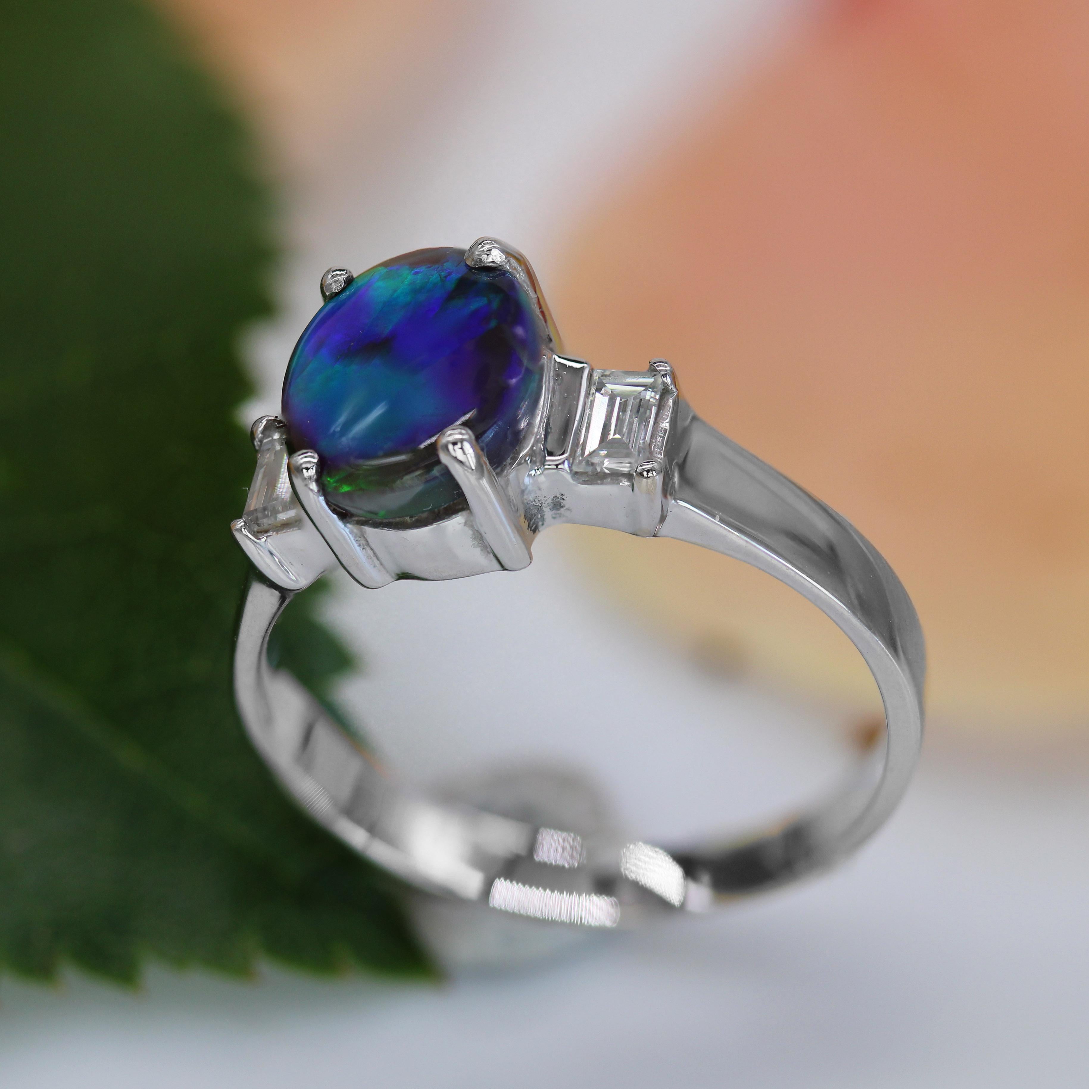 New Black Opal Emerald Cut Diamonds 18 karat White Gold Ring For Sale 4