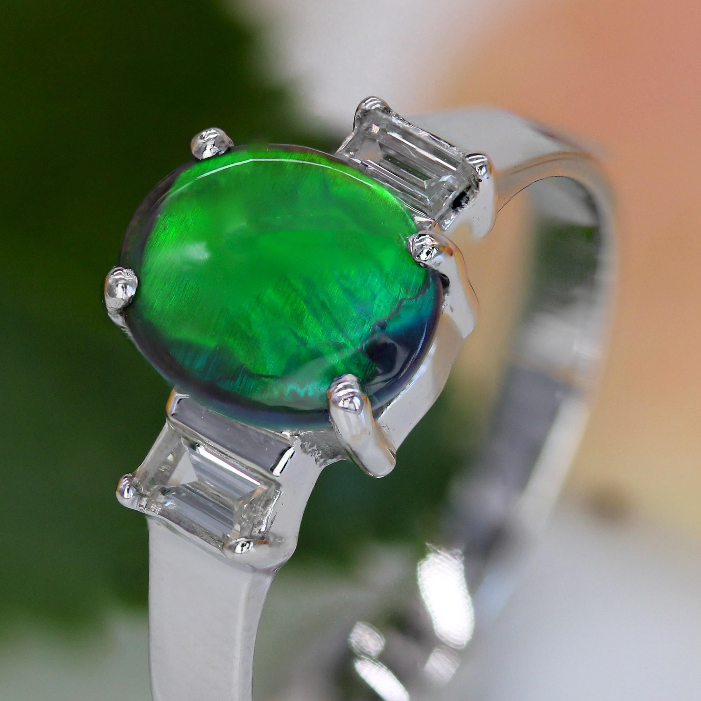 New Black Opal Emerald Cut Diamonds 18 karat White Gold Ring For Sale 5