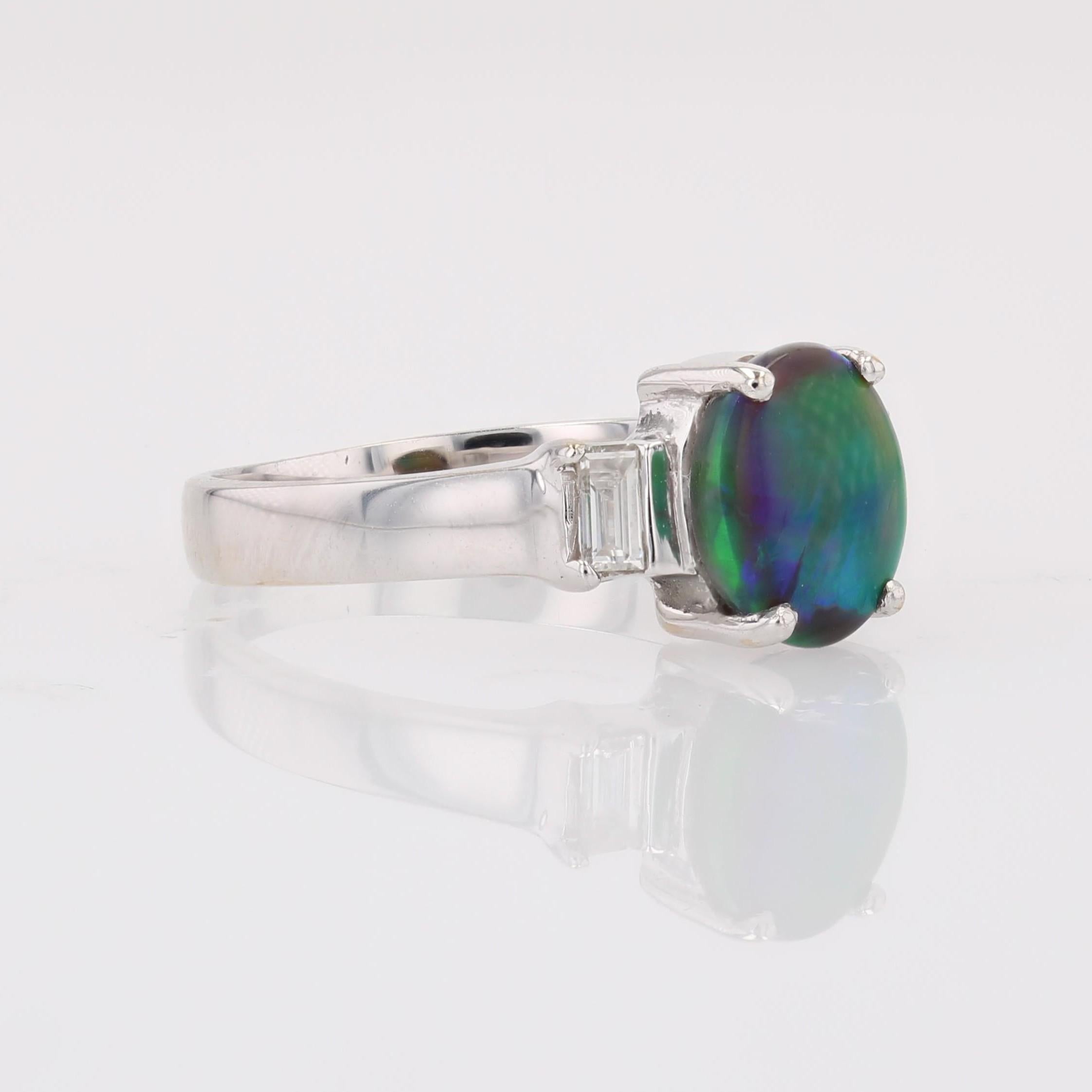New Black Opal Emerald Cut Diamonds 18 karat White Gold Ring For Sale 6