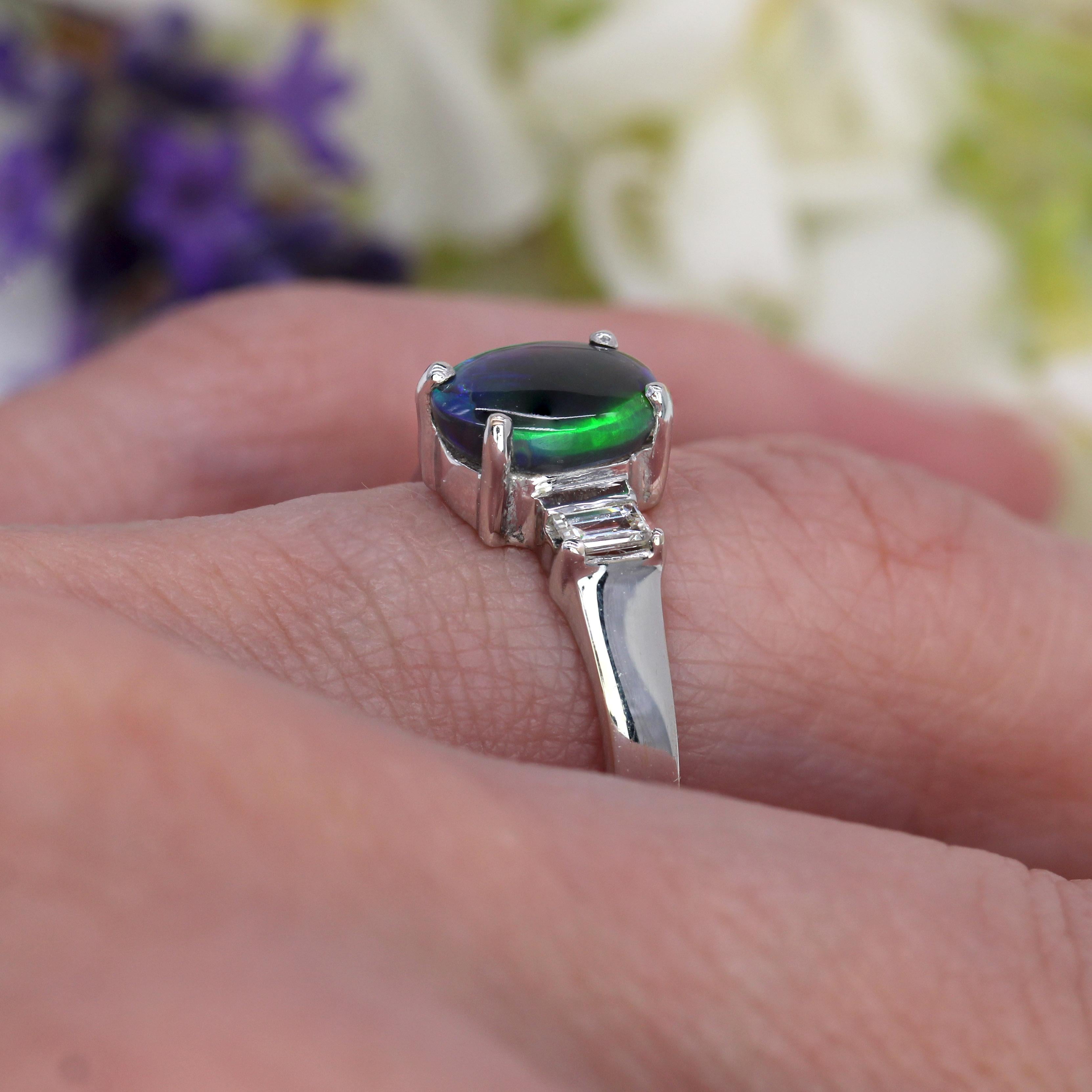 New Black Opal Emerald Cut Diamonds 18 karat White Gold Ring For Sale 7