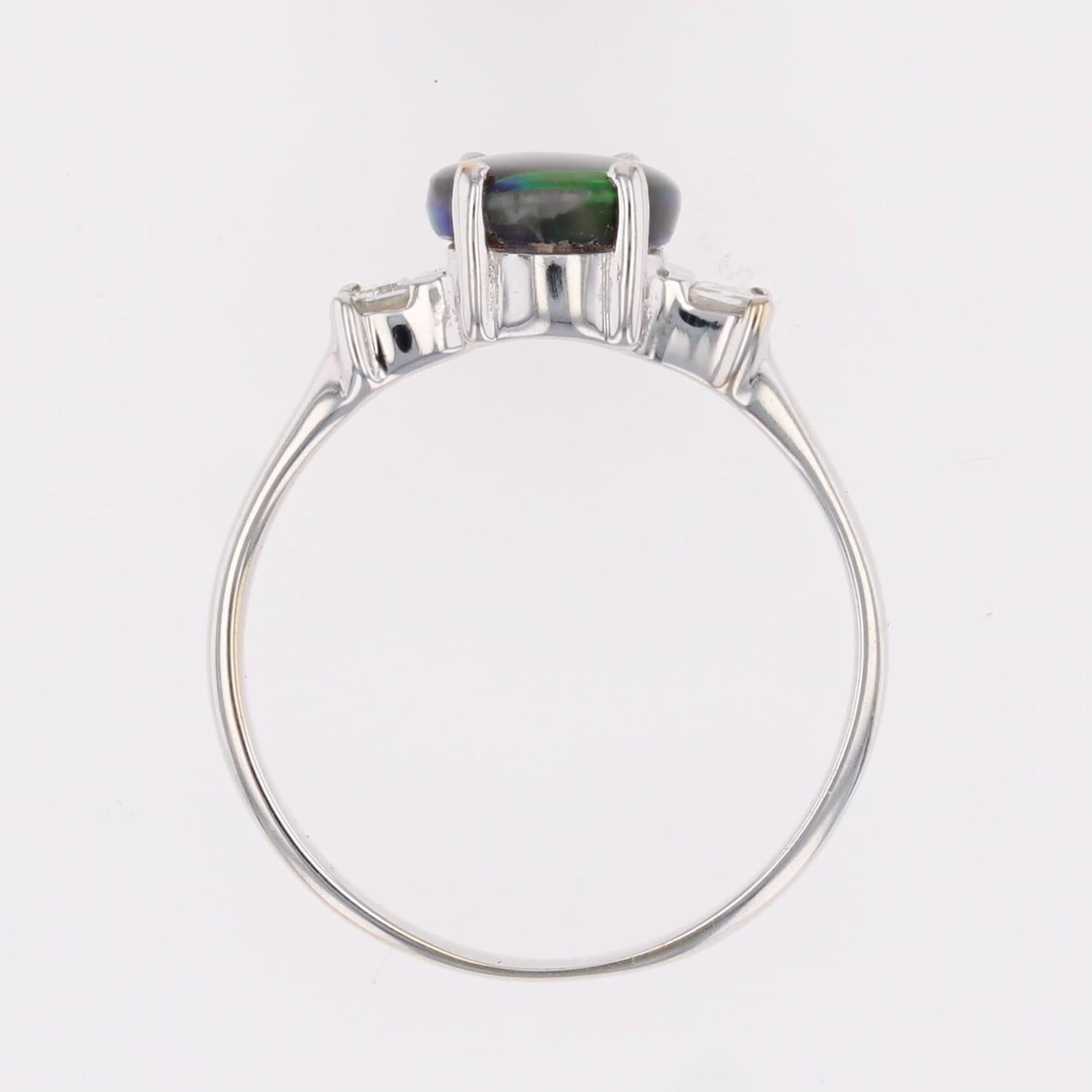 New Black Opal Emerald Cut Diamonds 18 karat White Gold Ring For Sale 8