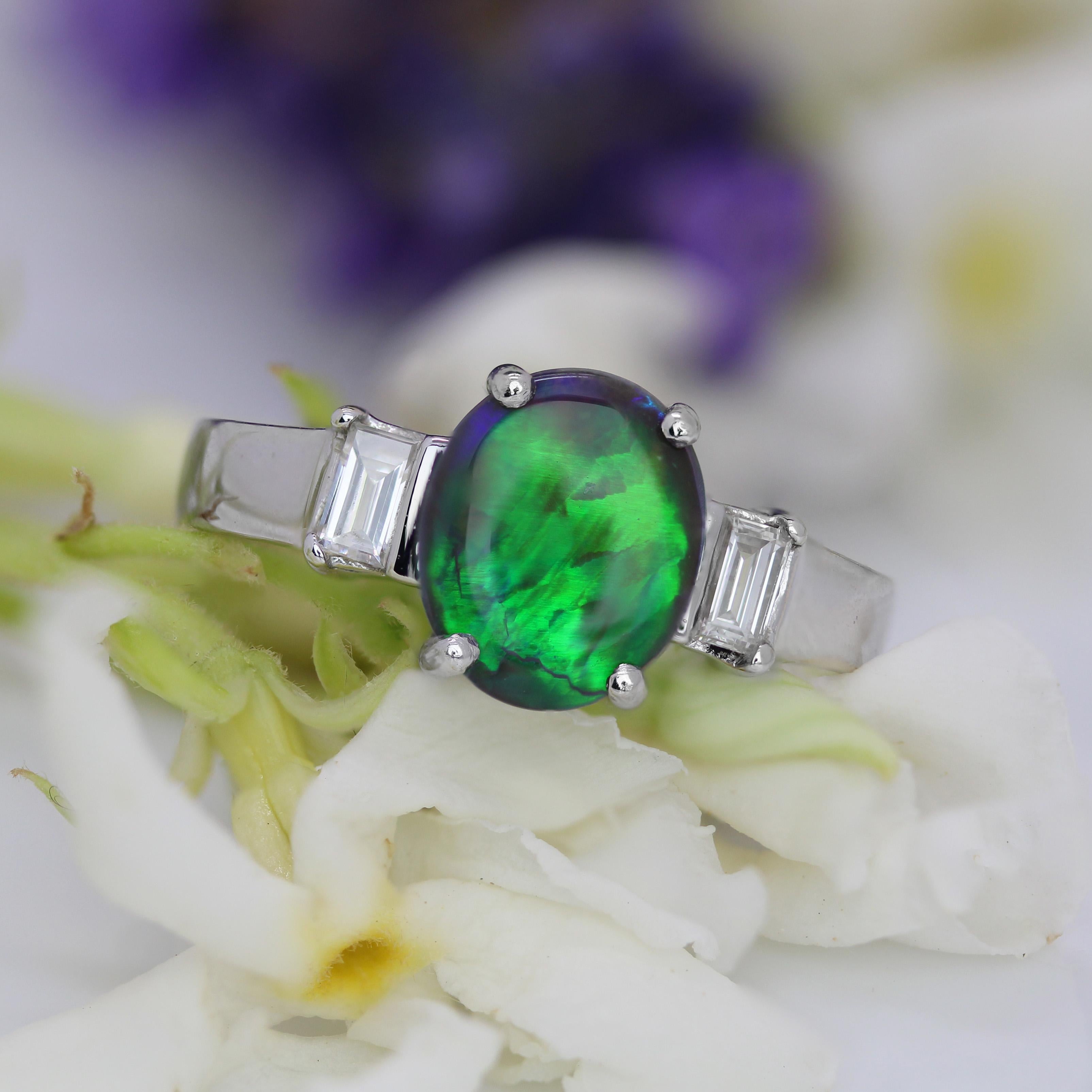Modern New Black Opal Emerald Cut Diamonds 18 karat White Gold Ring For Sale