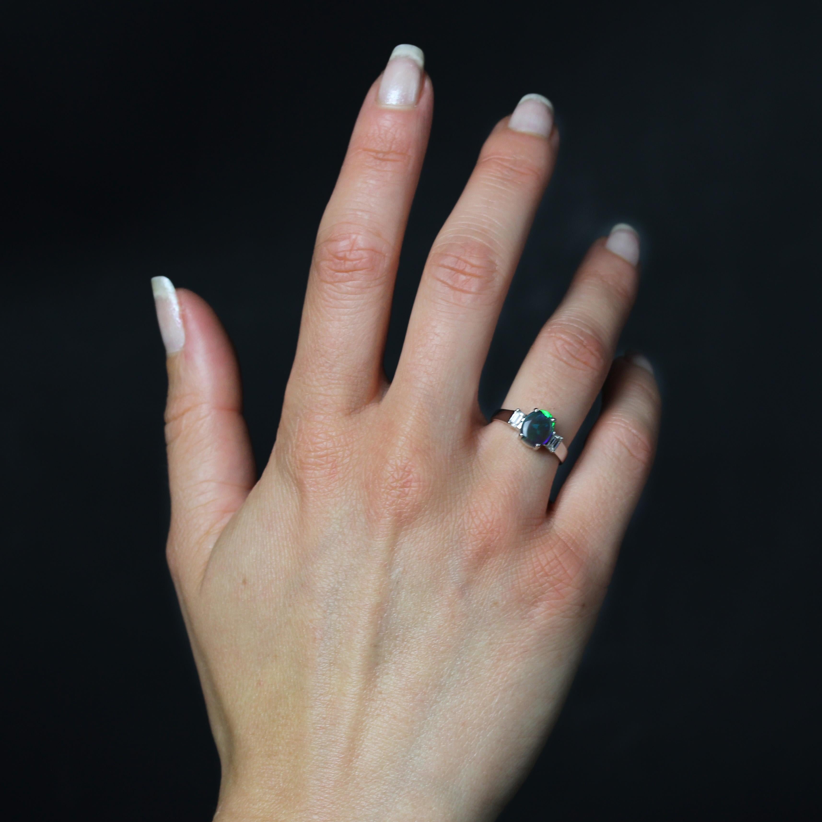 Cabochon New Black Opal Emerald Cut Diamonds 18 karat White Gold Ring For Sale