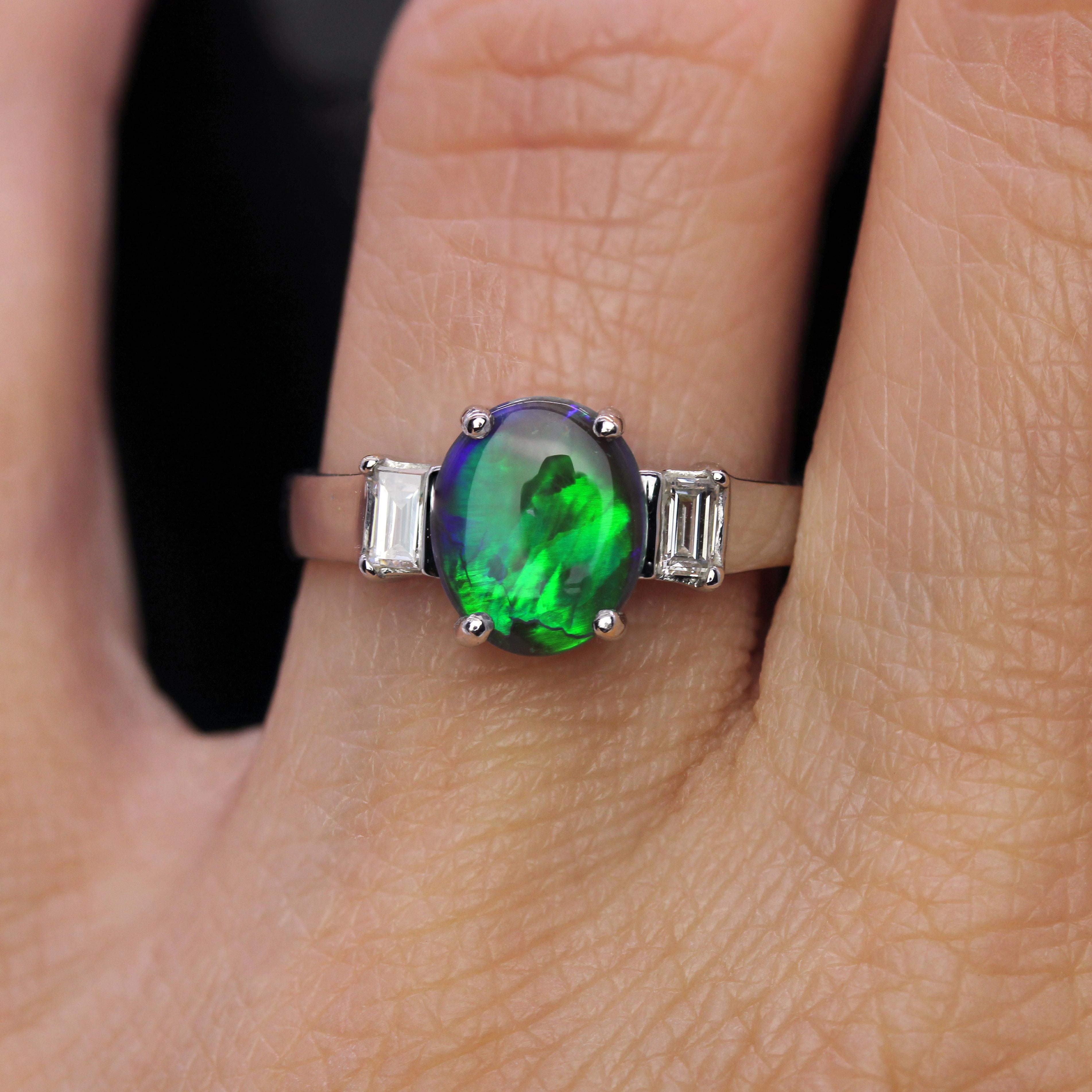 Women's New Black Opal Emerald Cut Diamonds 18 karat White Gold Ring For Sale
