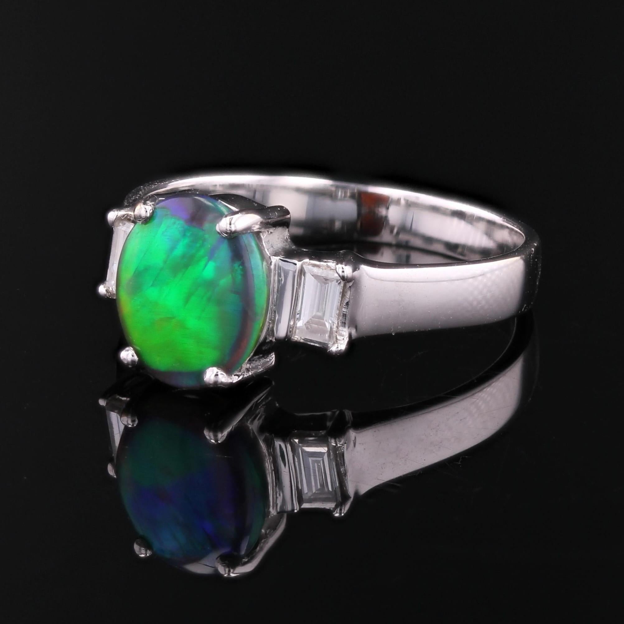 New Black Opal Emerald Cut Diamonds 18 karat White Gold Ring For Sale 1