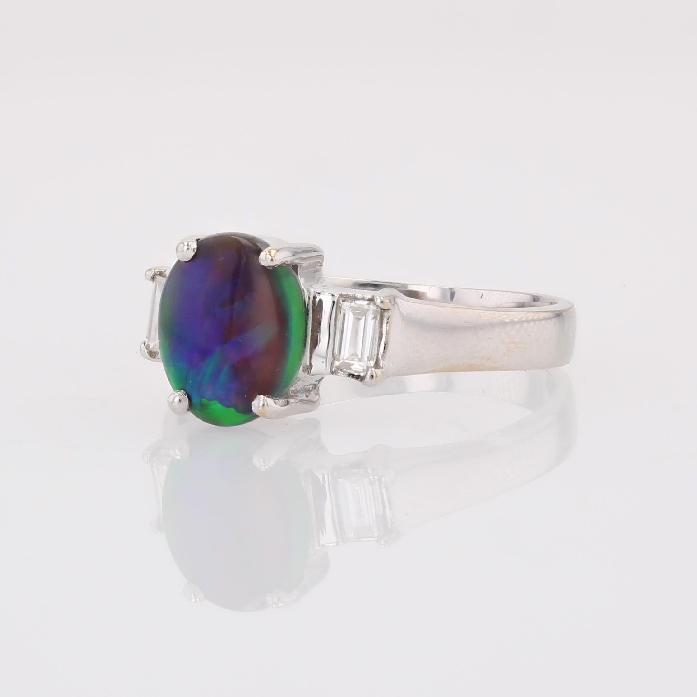 New Black Opal Emerald Cut Diamonds 18 karat White Gold Ring For Sale 2